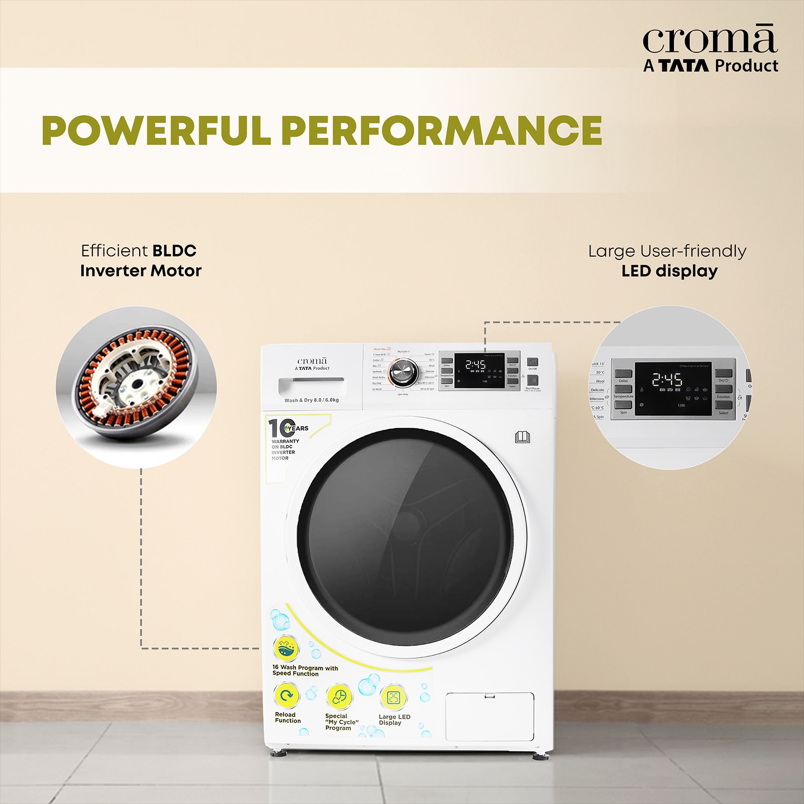 Croma 8/6 kg Fully Automatic Front Load Washer Dryer Combo ( Built-In Heater, White) Croma 8/6 kg Fully Automatic Front Load Washer Dryer Combo ( Built-In Heater, White)_11