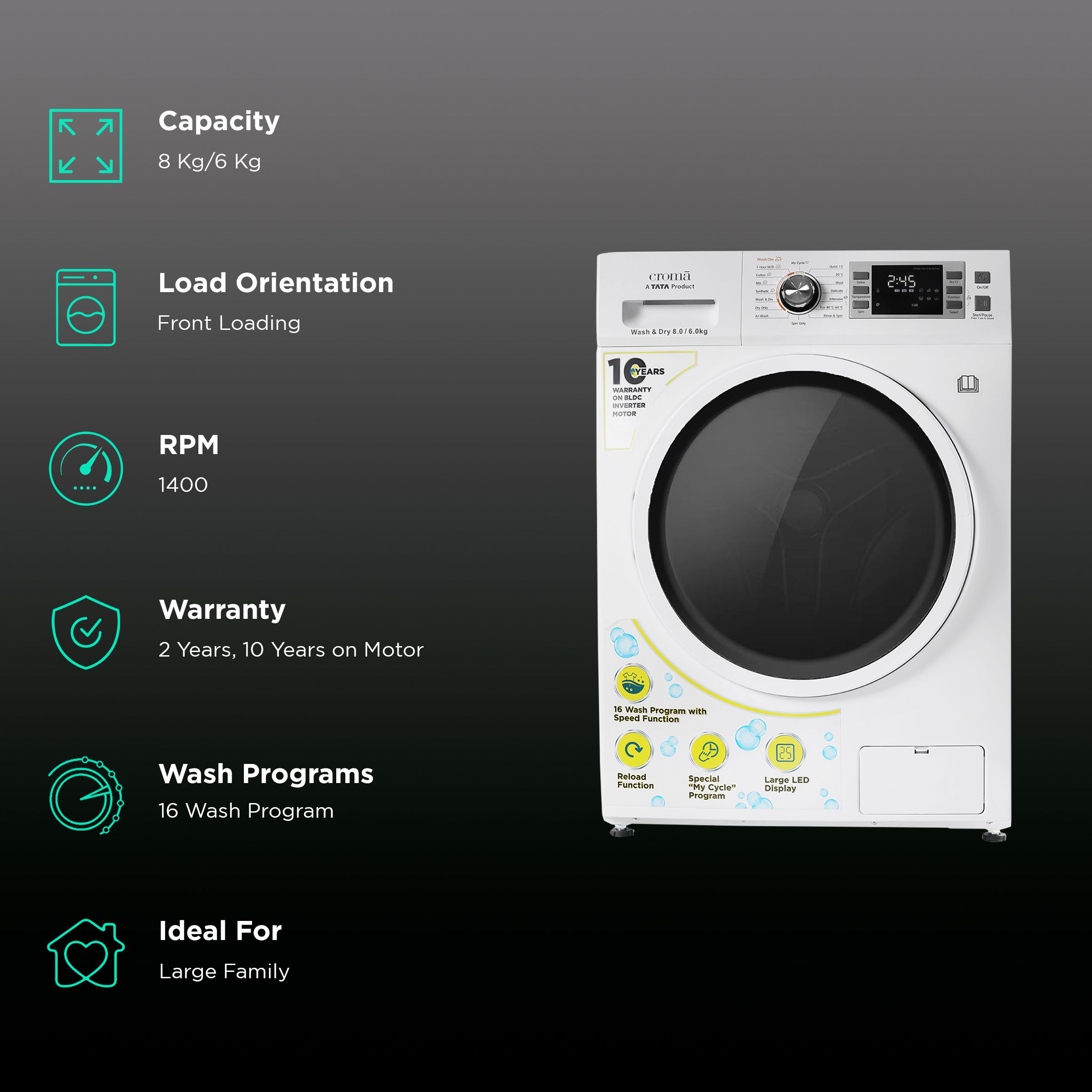 Croma 8/6 kg Fully Automatic Front Load Washer Dryer Combo ( Built-In Heater, White) Croma 8/6 kg Fully Automatic Front Load Washer Dryer Combo ( Built-In Heater, White)_2