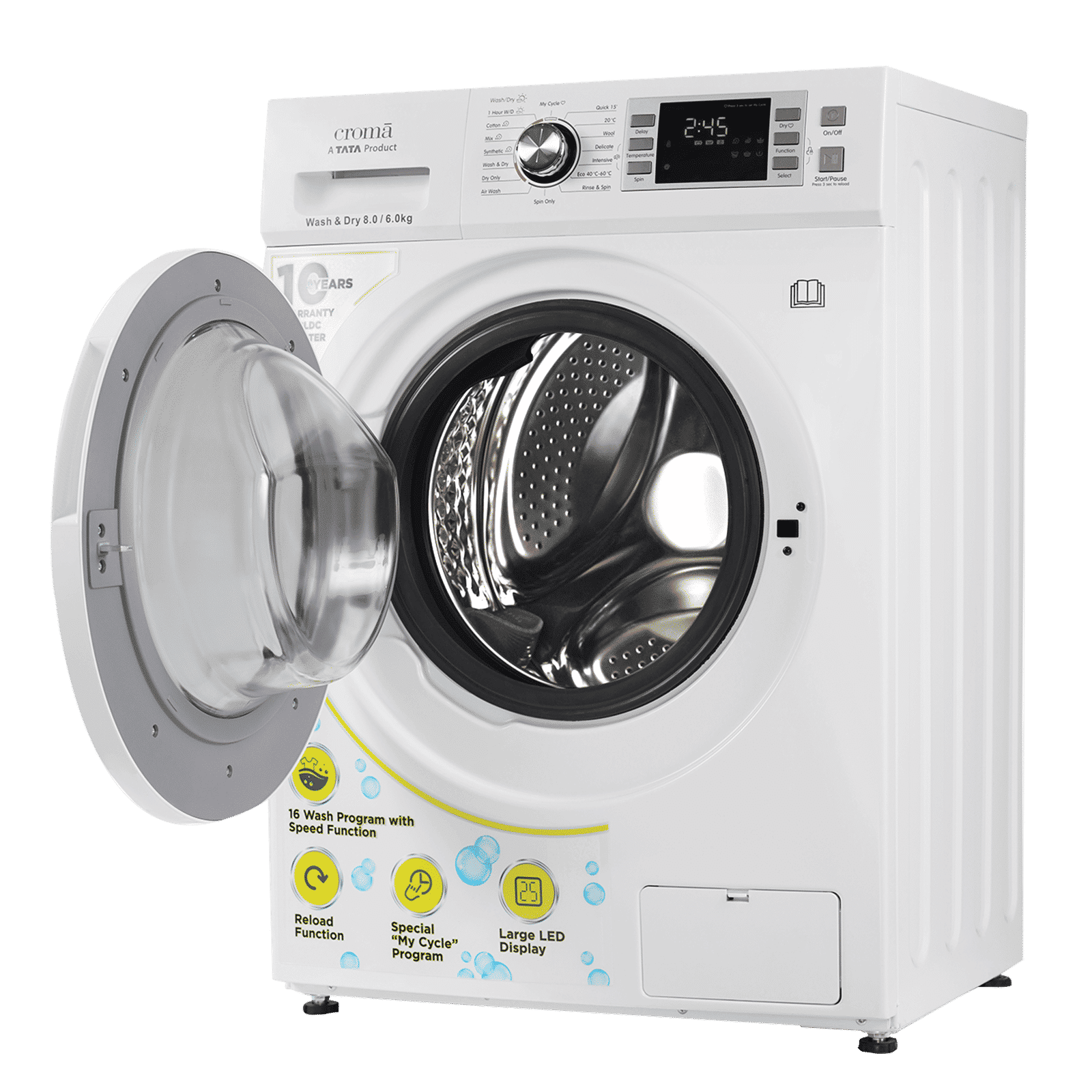 Croma 8/6 kg Fully Automatic Front Load Washer Dryer Combo ( Built-In Heater, White) Croma 8/6 kg Fully Automatic Front Load Washer Dryer Combo ( Built-In Heater, White)_5