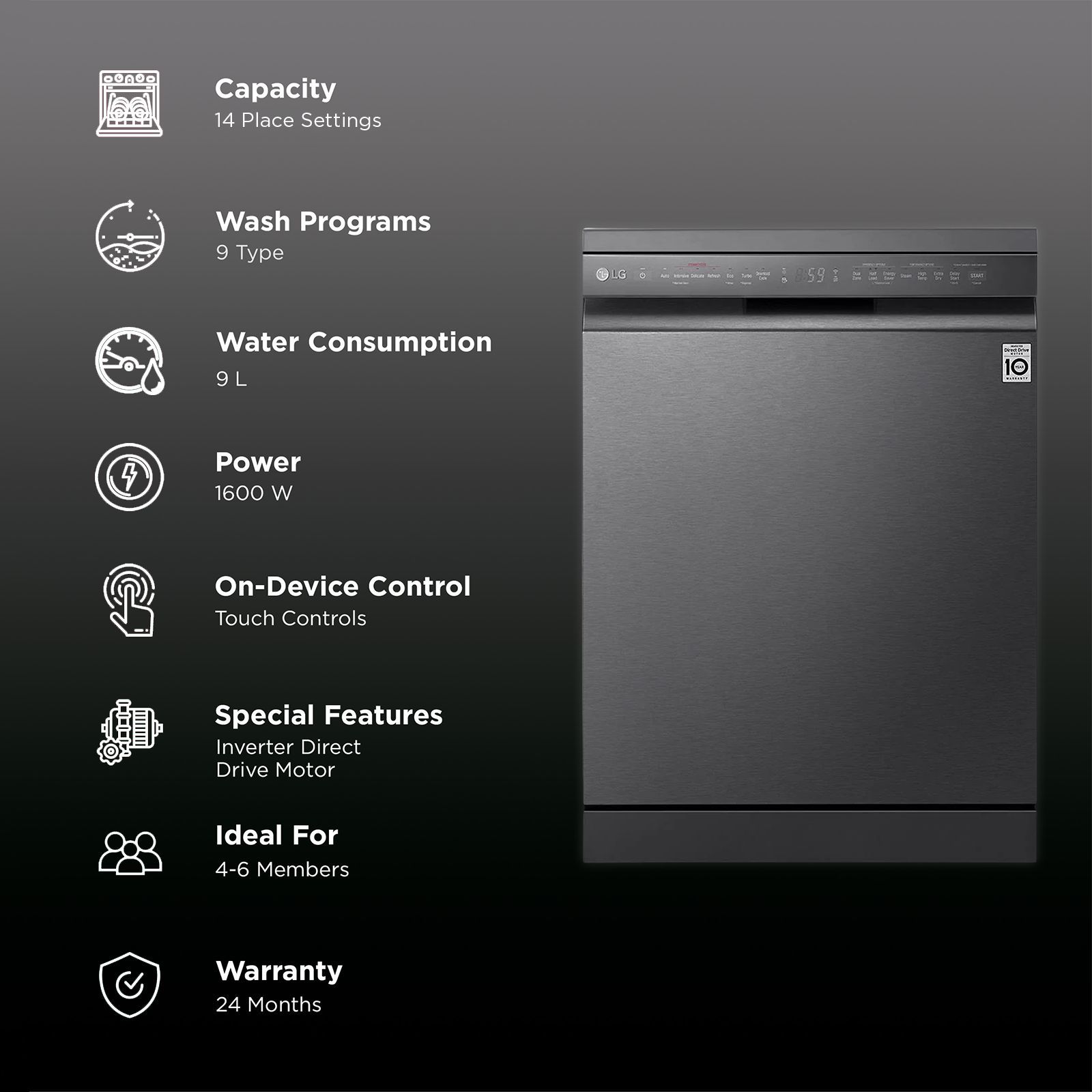 LG DFB424FM 14 Place Settings Free Standing Dishwasher with Inverter Direct Drive (Matt Black)_2