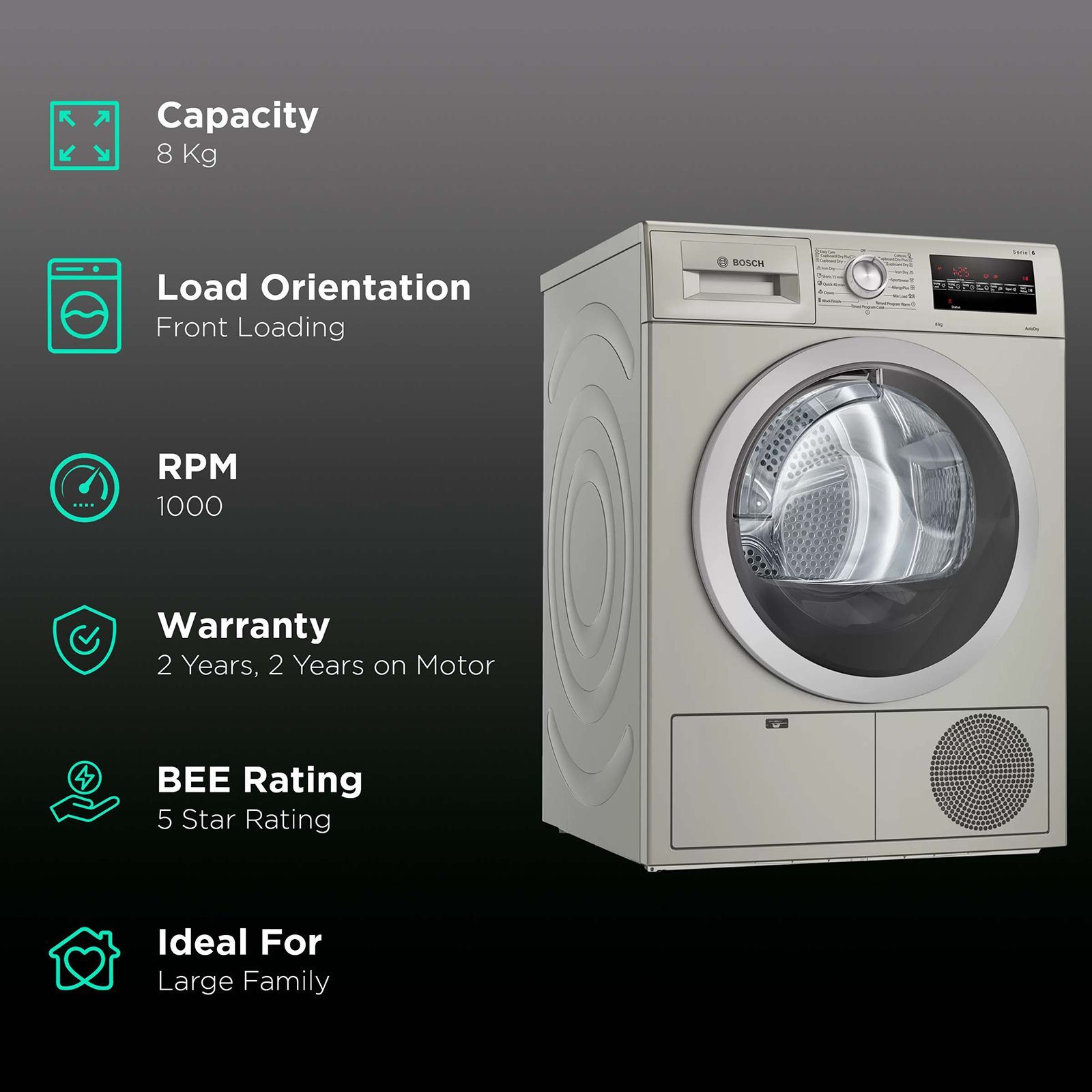 BOSCH 8 kg 5 Star Fully Automatic Front Load Dryer (Series 6, WTG8640SIN, In-Built Heater, Silver Inox)_2