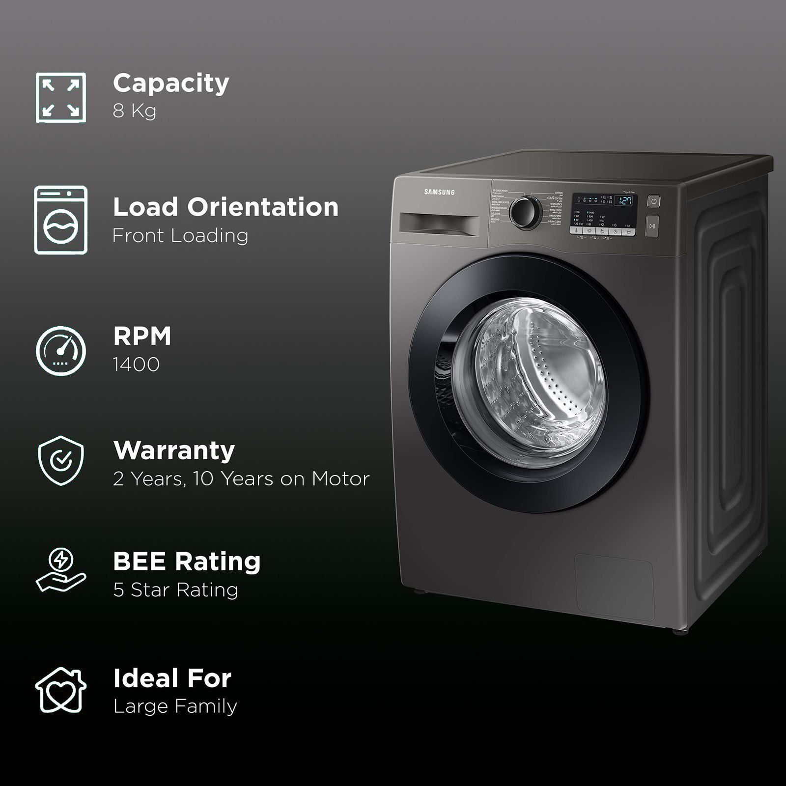 SAMSUNG 8 kg 5 Star Inverter Fully Automatic Front Load Washing Machine (WW80T4040CX1TL, Diamond Drum, Inox)_2