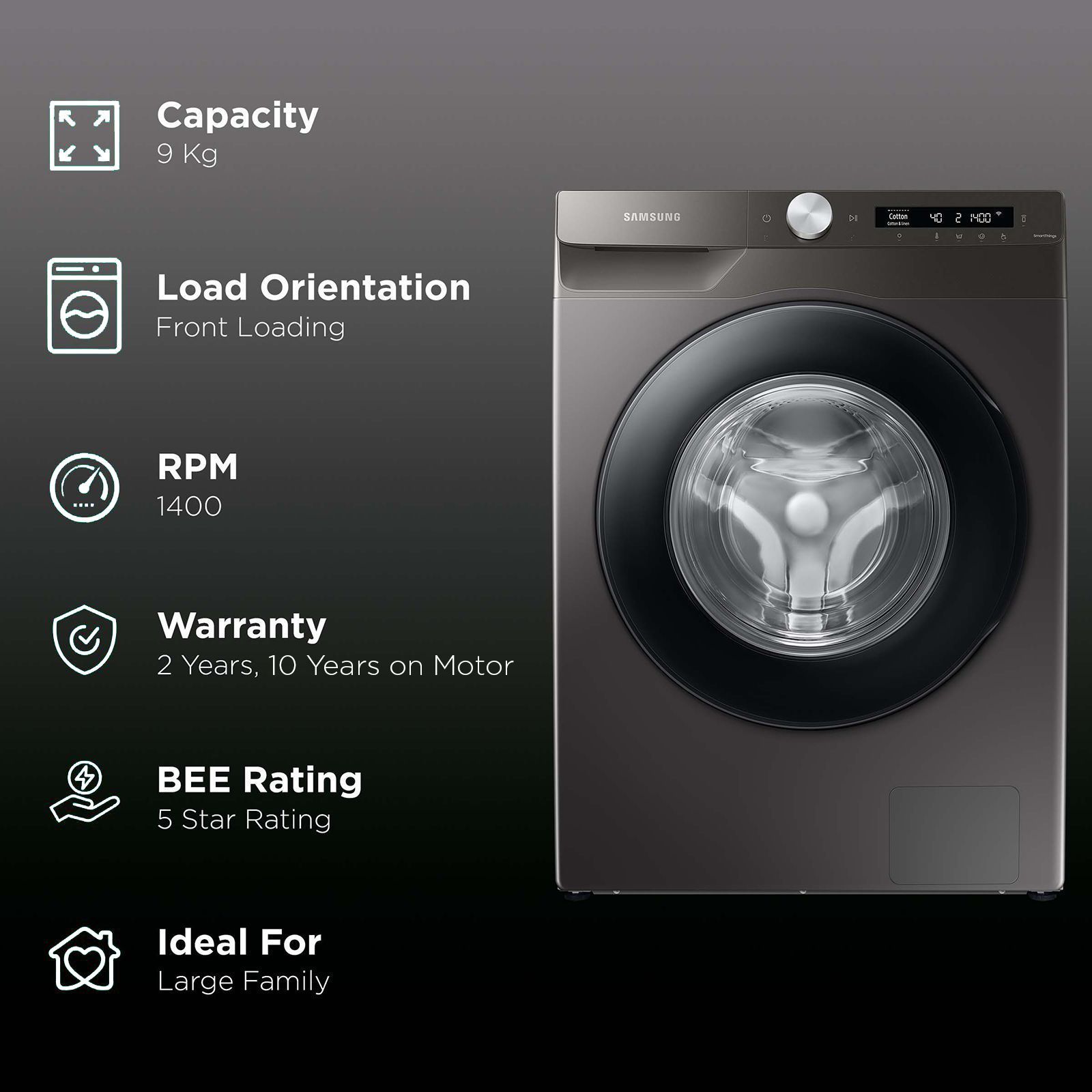 SAMSUNG 9 kg 5 Star Inverter Fully Automatic Front Load Washing Machine (WW90T504DAN1TL, AI Control Display, Inox) SAMSUNG 9 kg 5 Star Inverter Fully Automatic Front Load Washing Machine (WW90T504DAN1TL, AI Control Display, Inox)_2