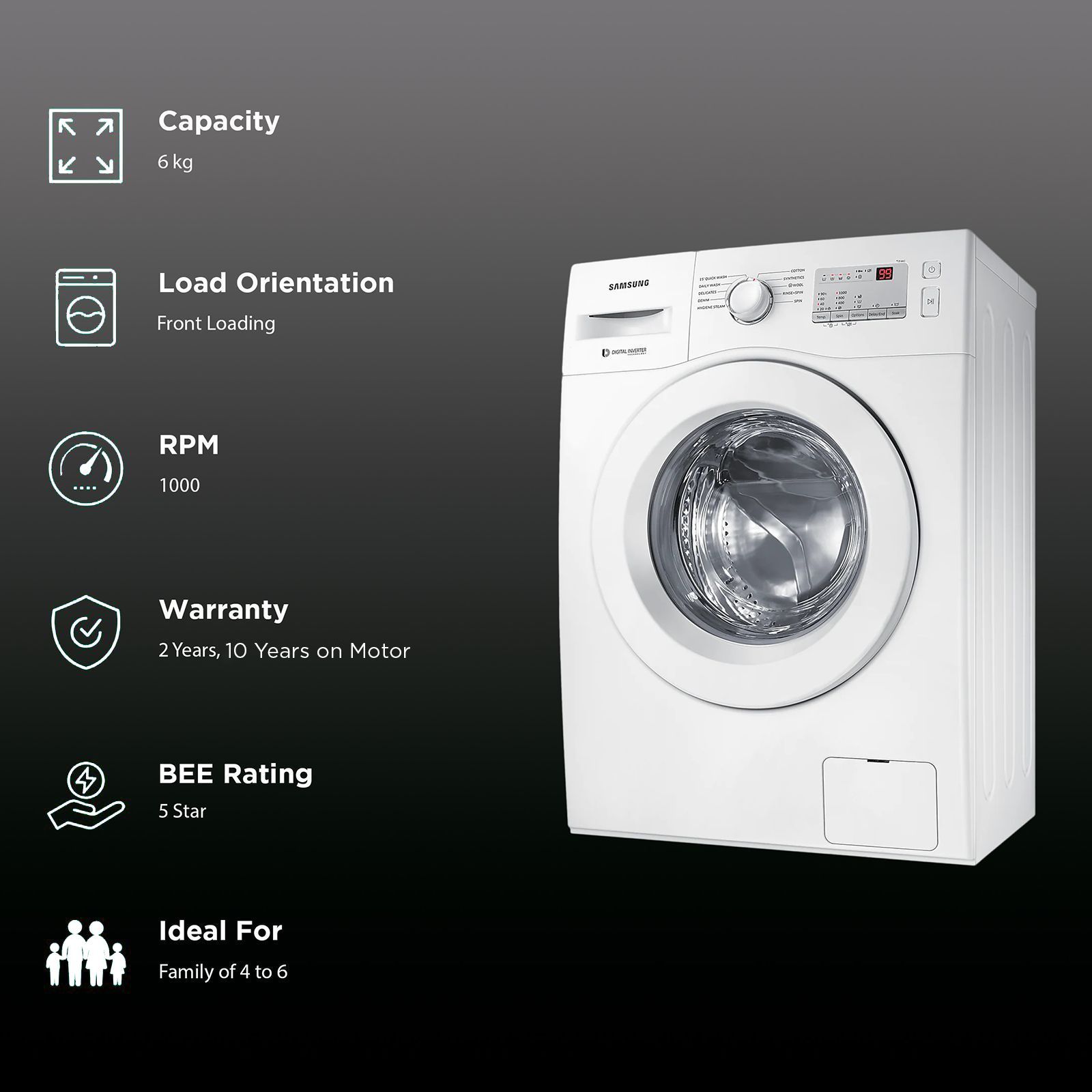 SAMSUNG 6 kg 5 Star Inverter Fully Automatic Front Load Washing Machine (WW60R20GLMA/TL, In-built Heater, White)_2