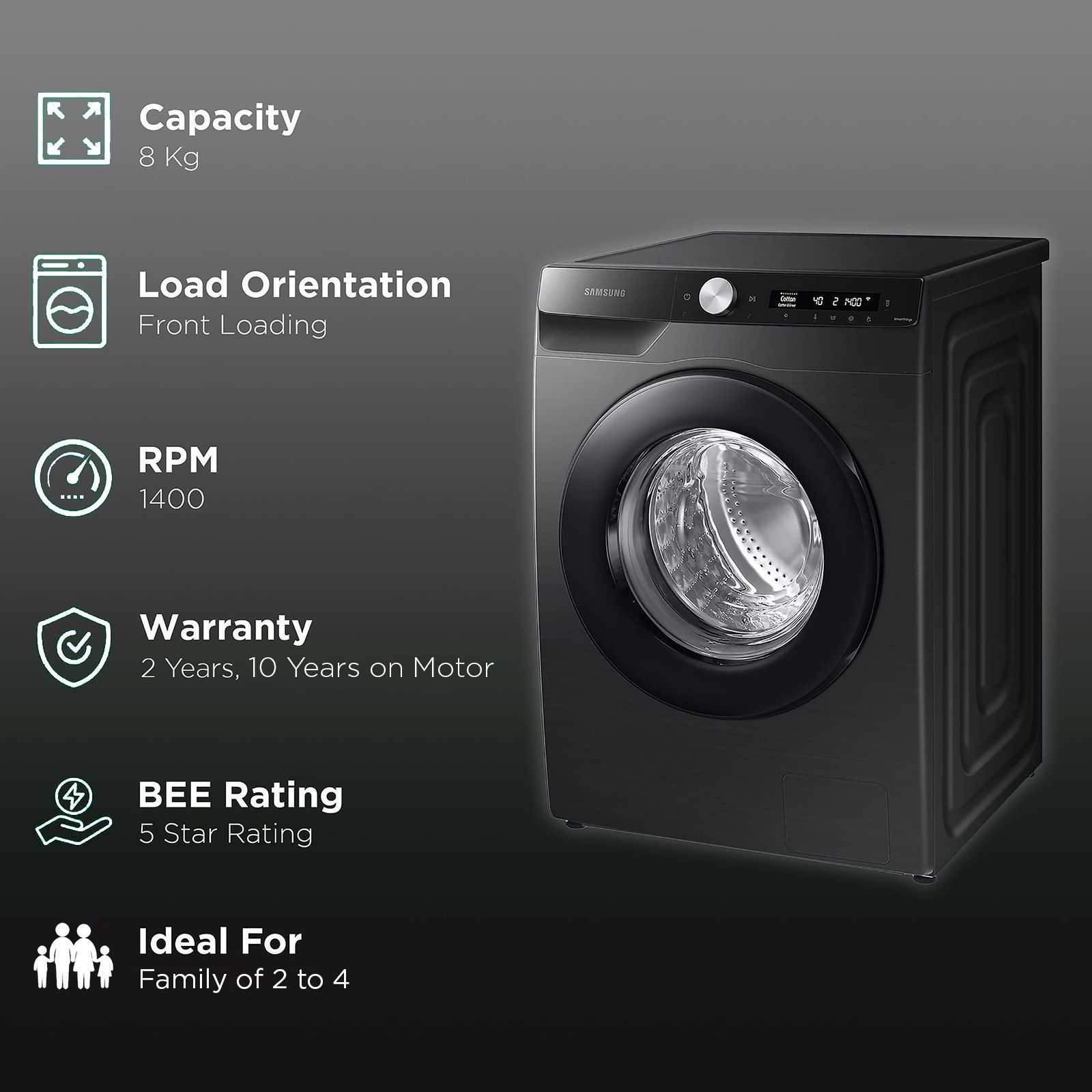 SAMSUNG 8 kg 5 Star Inverter Fully Automatic Front Load Washing Machine (WW80T504DAB1TL, AI Control Display, Black Caviar)_2