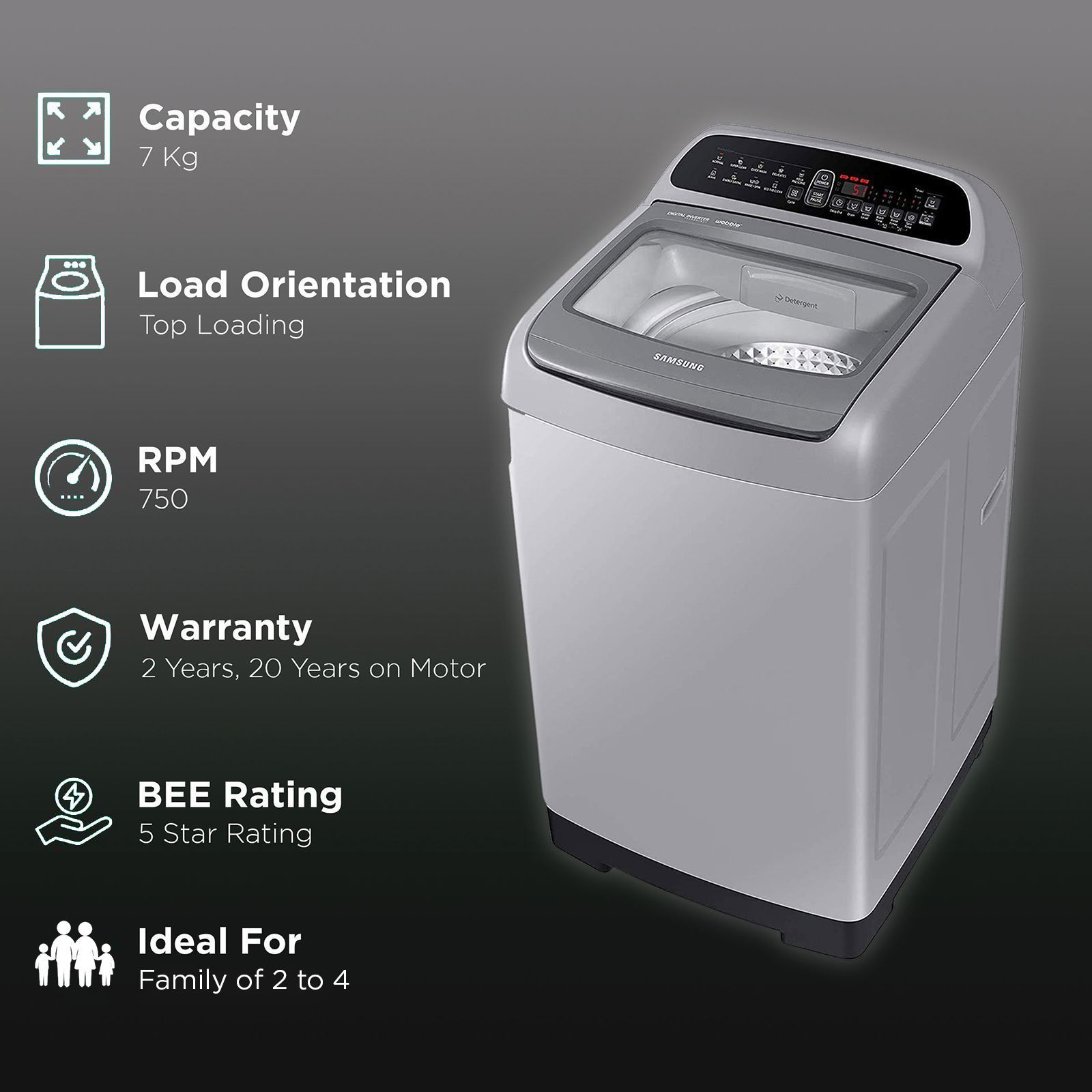 SAMSUNG 7 kg 5 Star Inverter Fully Automatic Top Load Washing Machine (WA70T4262GS/TL, Magic Filter, Imperial Silver)_2