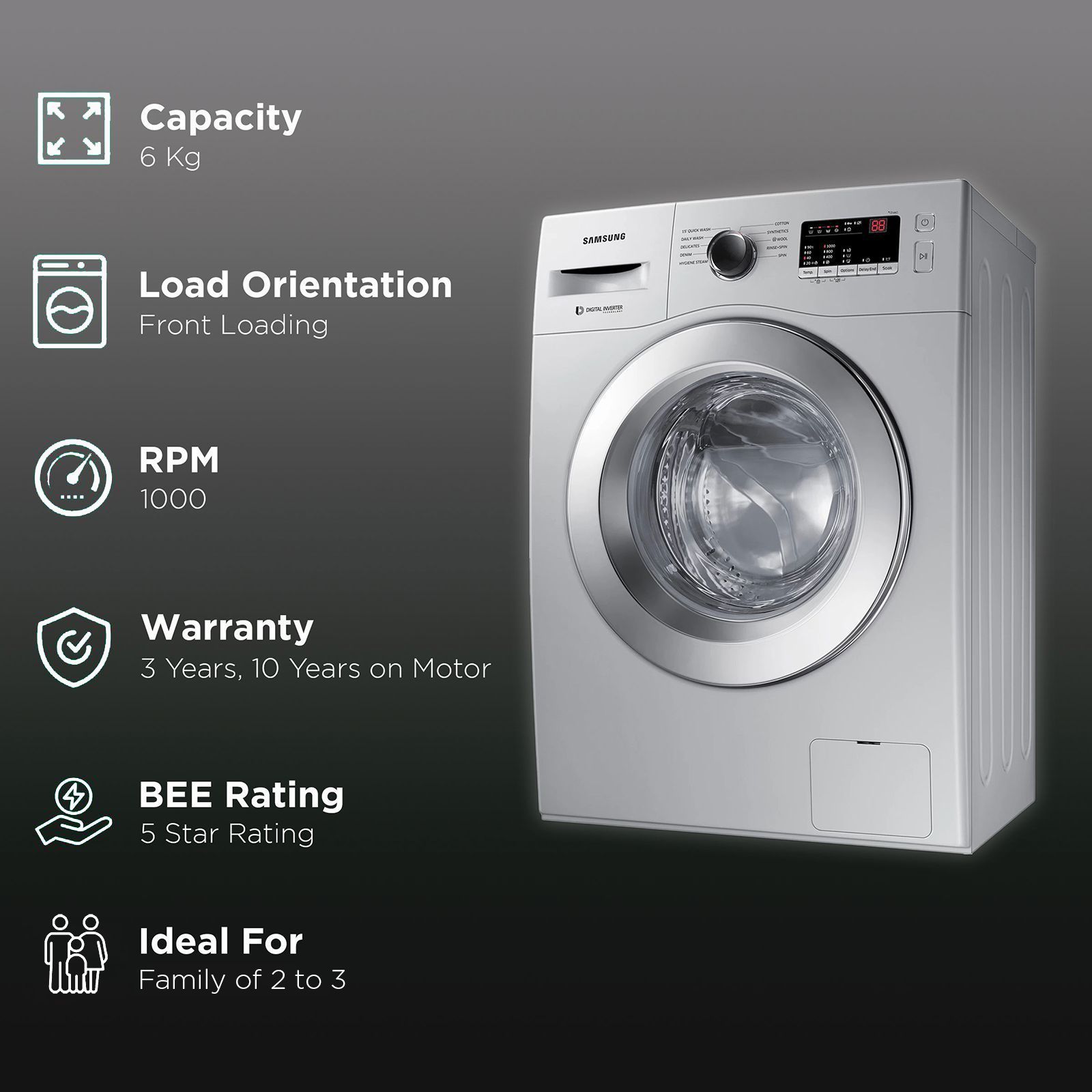 SAMSUNG 6 kg 5 Star Inverter Fully Automatic Front Load Washing Machine (WW60R20GLSS/TL, Diamond Drum, Silver)_2