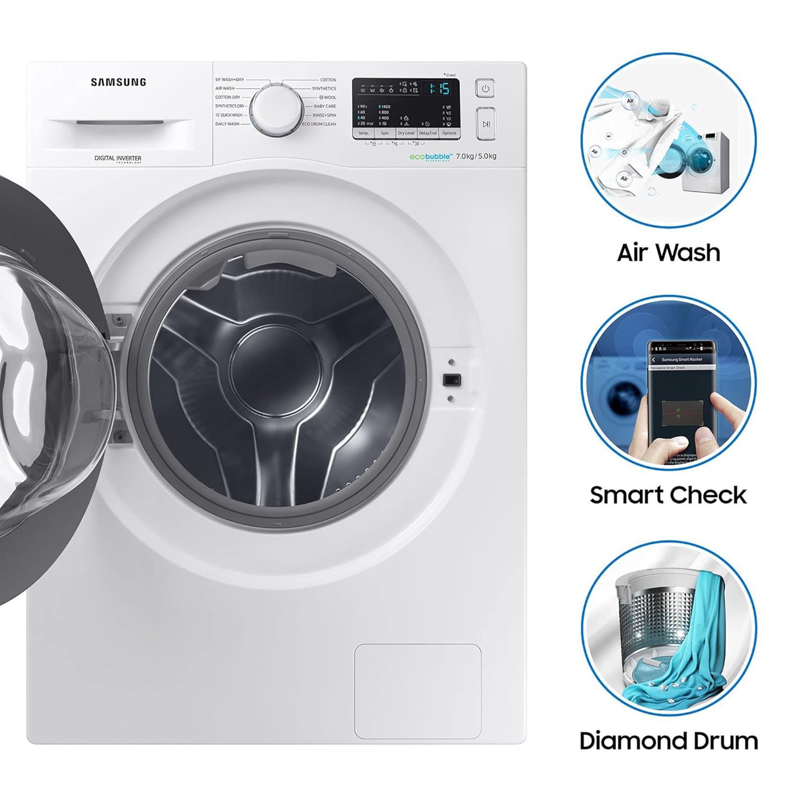 SAMSUNG 7/5 kg 5 Star Inverter Fully Automatic Front Load Washer Dryer (WD70M4443JW/TL, Diamond Drum, White)_9