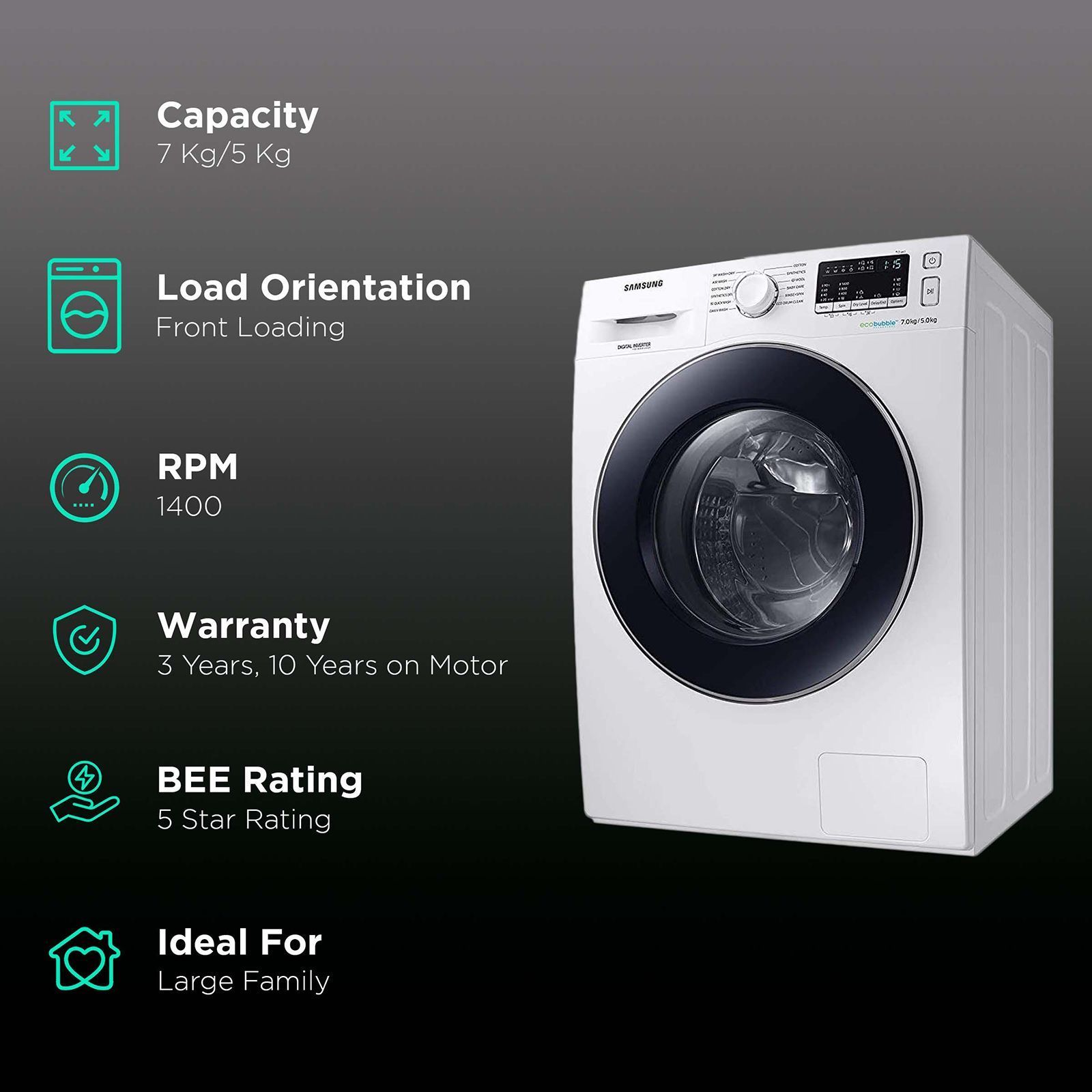SAMSUNG 7/5 kg 5 Star Inverter Fully Automatic Front Load Washer Dryer (WD70M4443JW/TL, Diamond Drum, White)_2