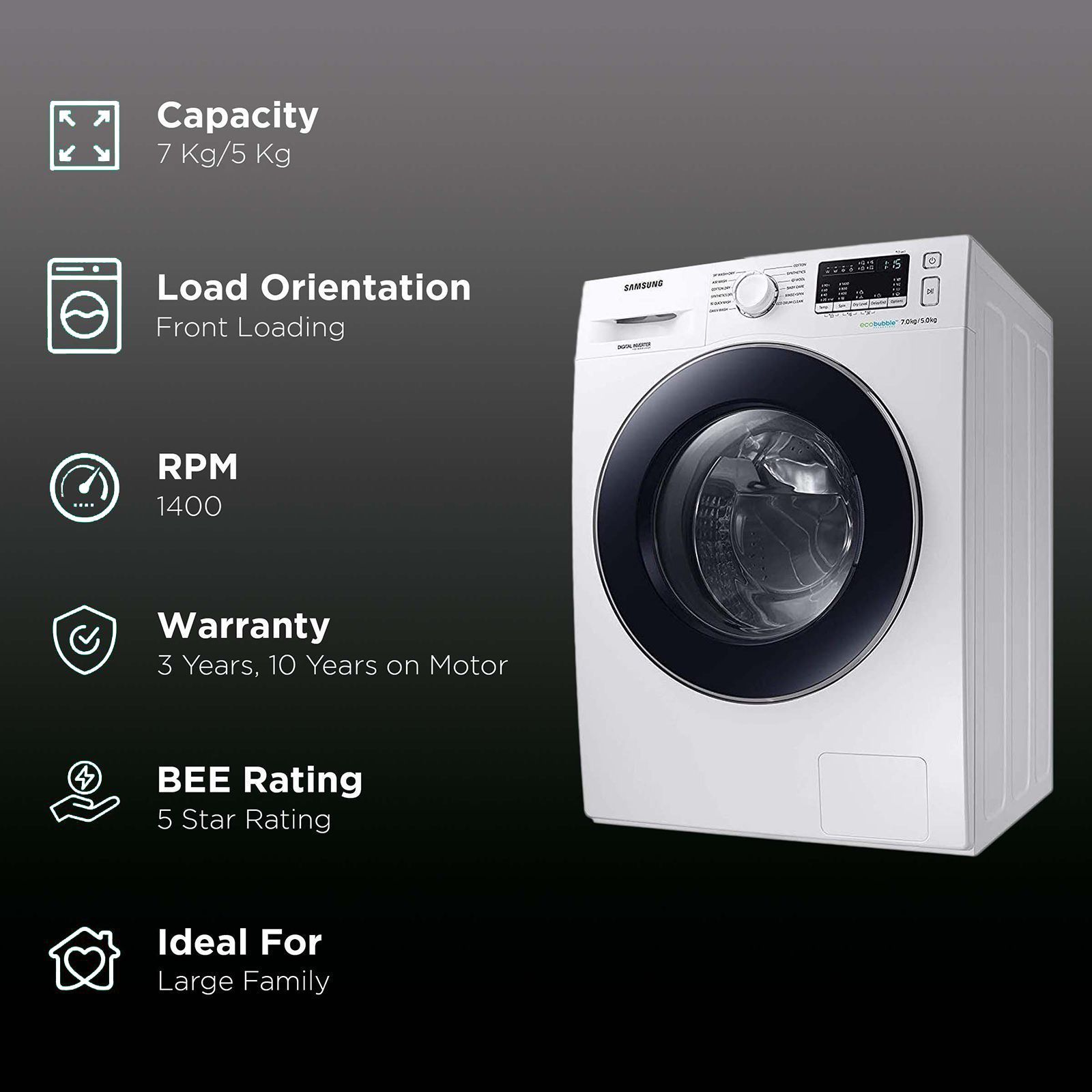 SAMSUNG 7/5 kg 5 Star Inverter Fully Automatic Front Load Washer Dryer (WD70M4443JW/TL, Diamond Drum, White) SAMSUNG 7/5 kg 5 Star Inverter Fully Automatic Front Load Washer Dryer (WD70M4443JW/TL, Diamond Drum, White)_2
