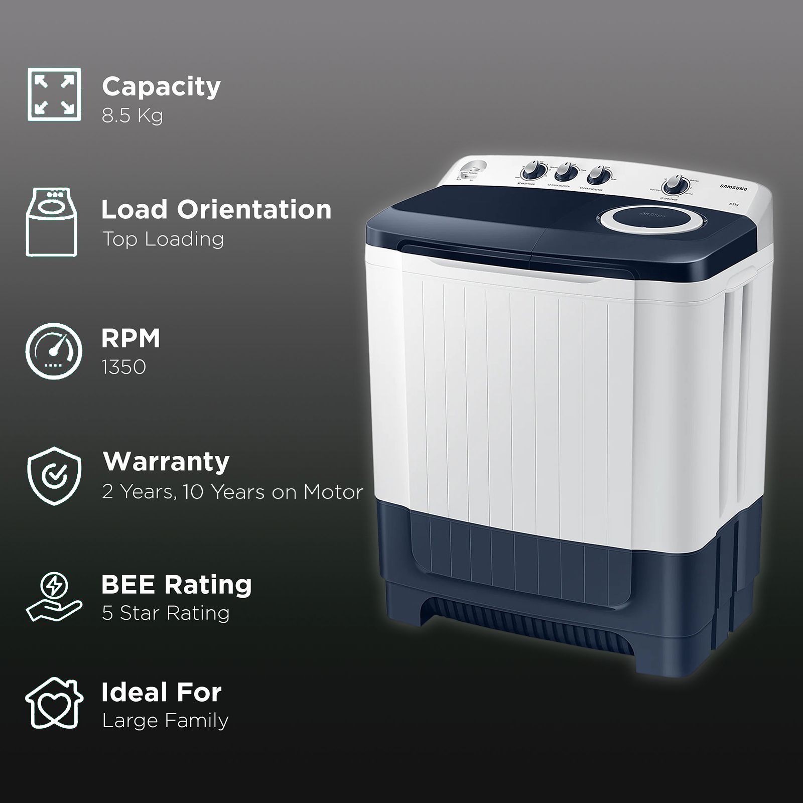 SAMSUNG 8.5 kg 5 Star Semi Automatic Washing Machine with Magic Filter (WT85R4000LL/TL, Light Grey)_2