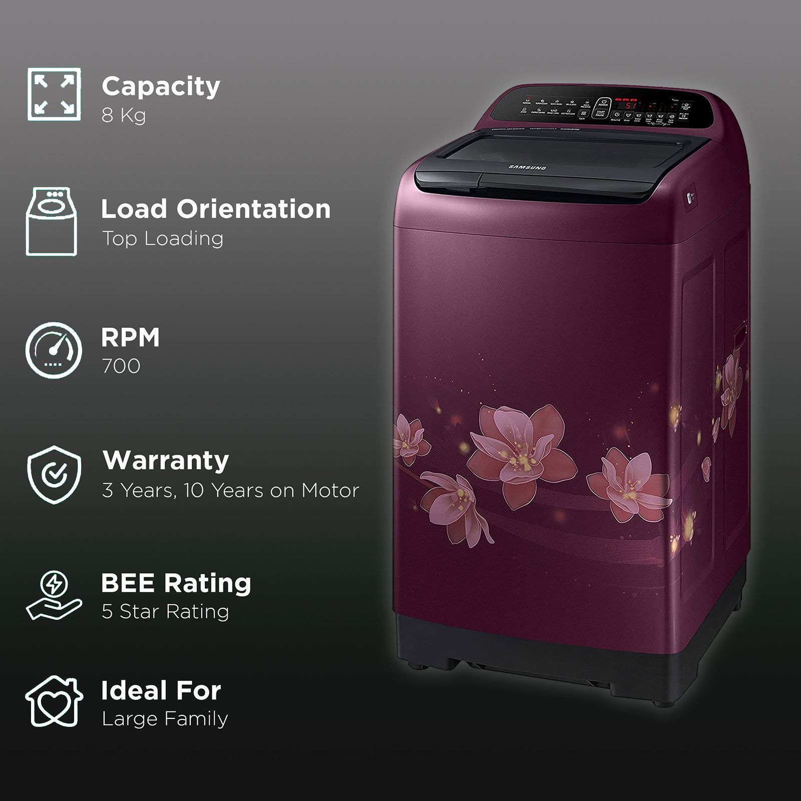 SAMSUNG 8 kg 5 Star Inverter Fully Automatic Top Load Washing Machine (WA80T4560BM/TL, Diamond Drum, Magnolia Plum)_2