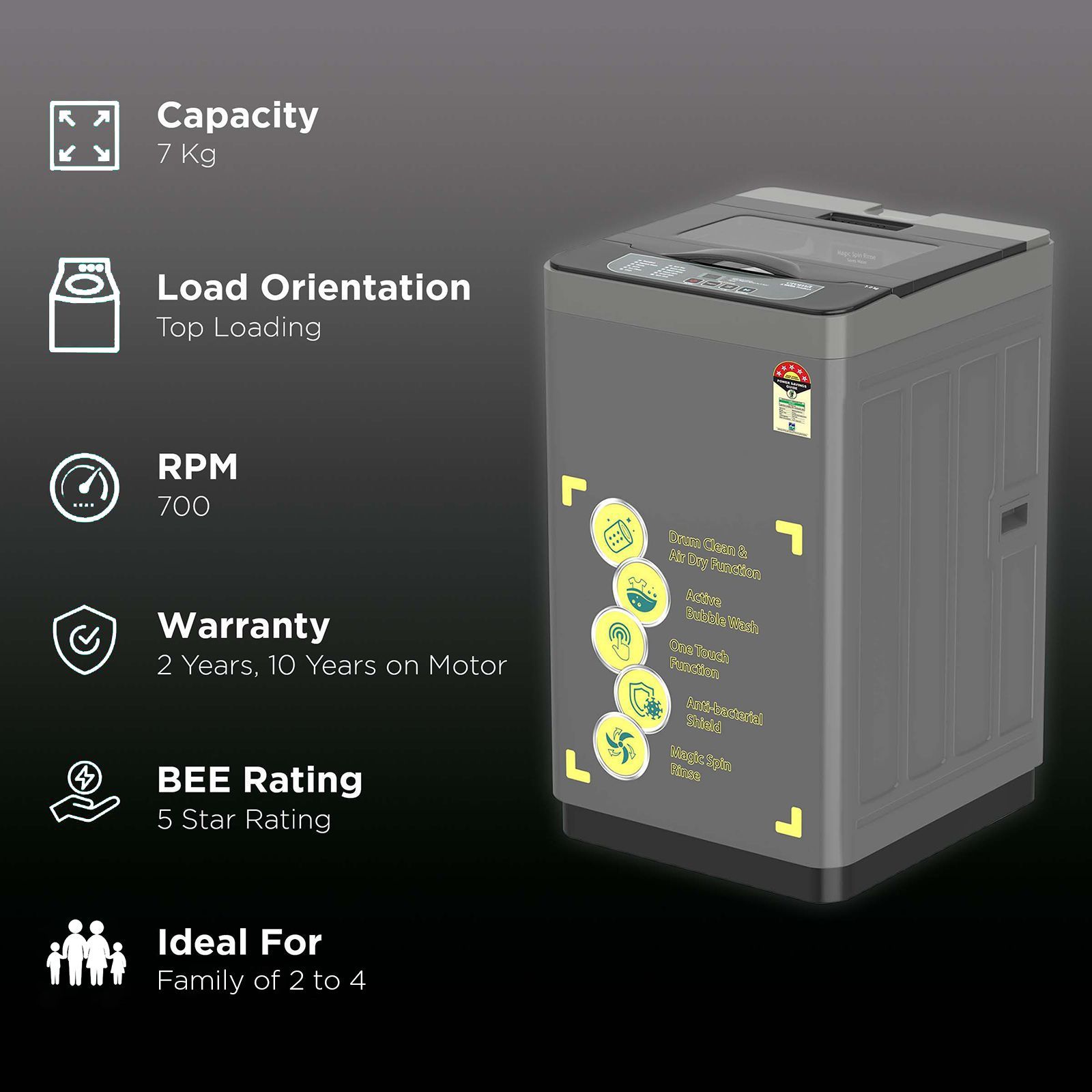 Croma 7 kg 5 Star Fully Automatic Top Load Washing Machine ( Spin Dry Function, Grey)_2