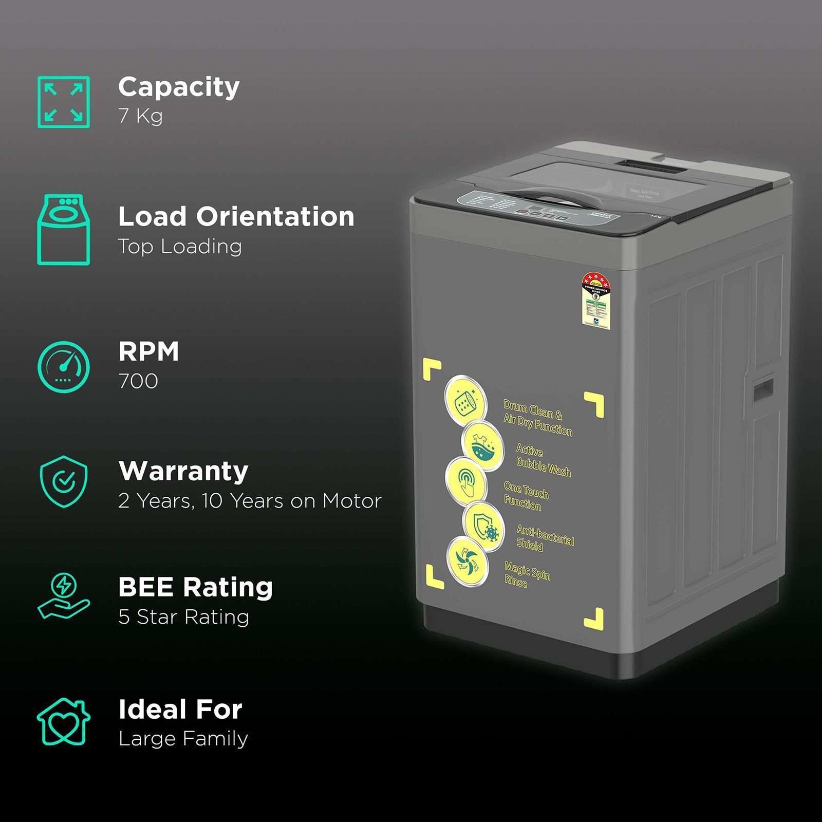 Croma 7 kg 5 Star Fully Automatic Top Load Washing Machine ( Spin Dry Function, Grey) Croma 7 kg 5 Star Fully Automatic Top Load Washing Machine ( Spin Dry Function, Grey)_2