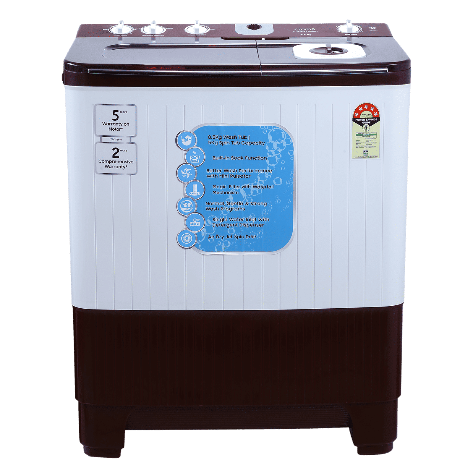 Croma 8.5 kg 5 Star Semi Automatic Washing Machine with Active Soak Function ( Burgundy) Croma 8.5 kg 5 Star Semi Automatic Washing Machine with Active Soak Function ( Burgundy)_1
