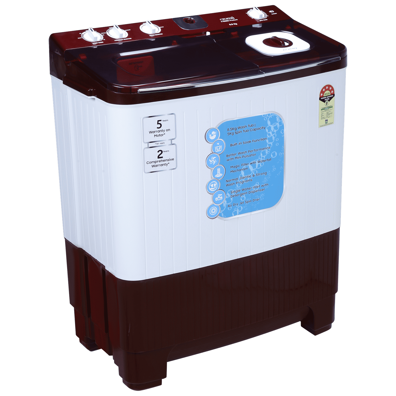 Croma 8.5 kg 5 Star Semi Automatic Washing Machine with Active Soak Function ( Burgundy) Croma 8.5 kg 5 Star Semi Automatic Washing Machine with Active Soak Function ( Burgundy)_9