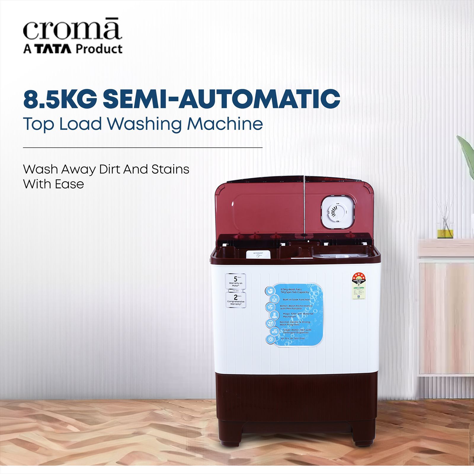 Croma 8.5 kg 5 Star Semi Automatic Washing Machine with Active Soak Function ( Burgundy) Croma 8.5 kg 5 Star Semi Automatic Washing Machine with Active Soak Function ( Burgundy)_10