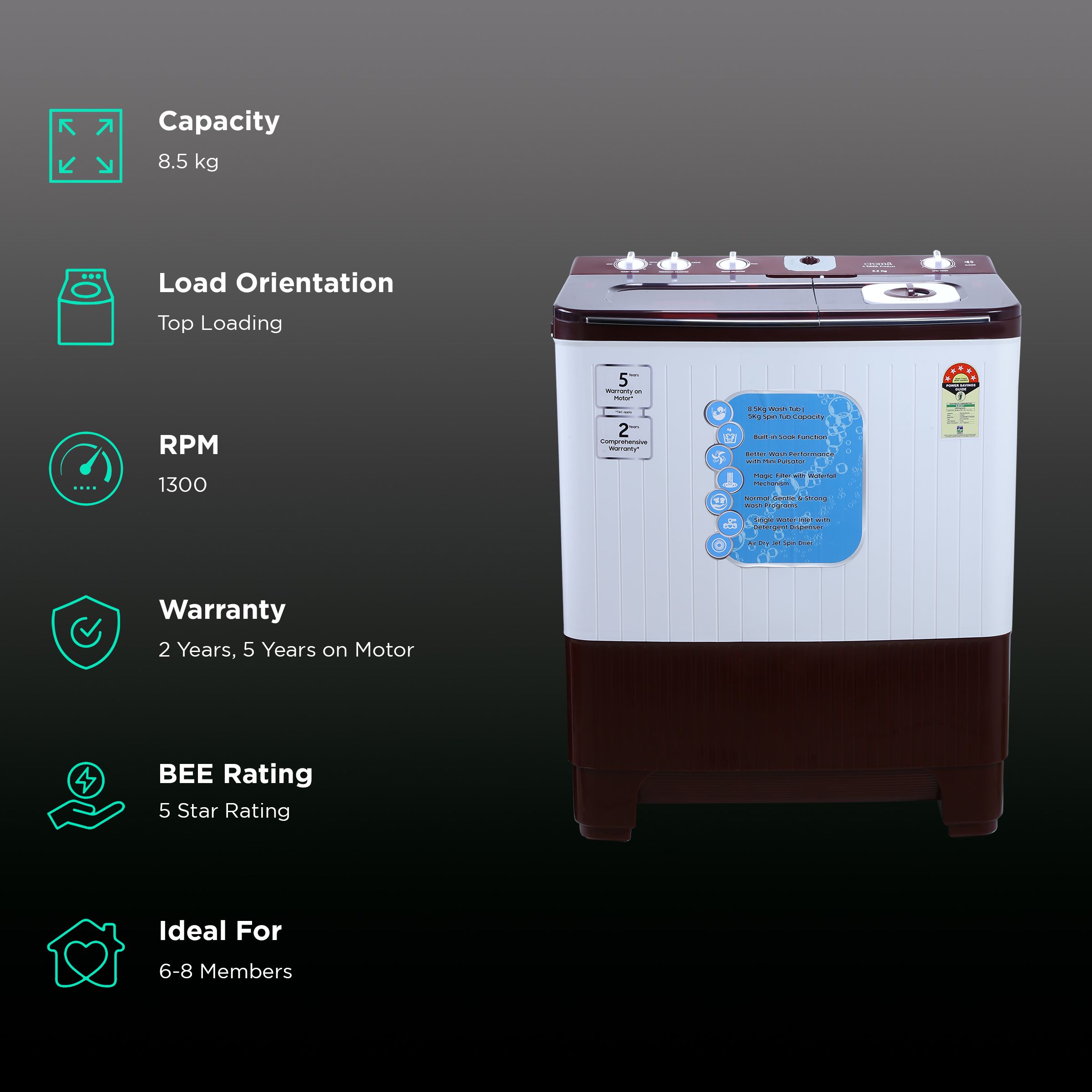 Croma 8.5 kg 5 Star Semi Automatic Washing Machine with Active Soak Function ( Burgundy) Croma 8.5 kg 5 Star Semi Automatic Washing Machine with Active Soak Function ( Burgundy)_2