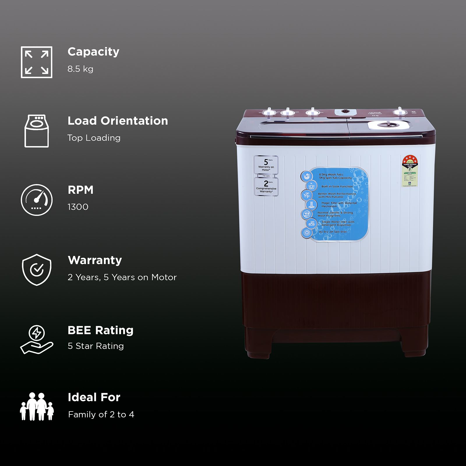 Croma 8.5 kg 5 Star Semi Automatic Washing Machine with Active Soak Function ( Burgundy)_2