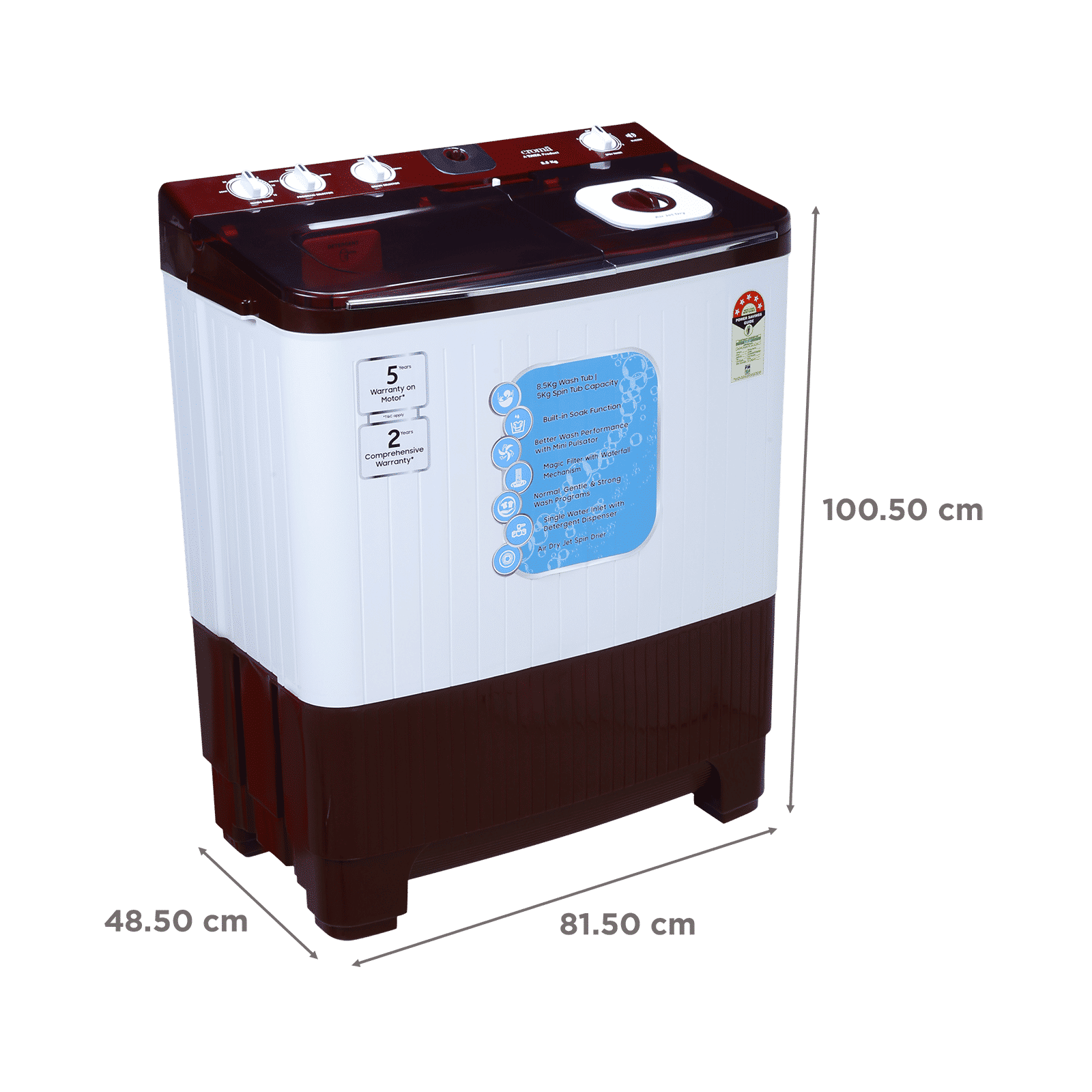 Croma 8.5 kg 5 Star Semi Automatic Washing Machine with Active Soak Function ( Burgundy) Croma 8.5 kg 5 Star Semi Automatic Washing Machine with Active Soak Function ( Burgundy)_3
