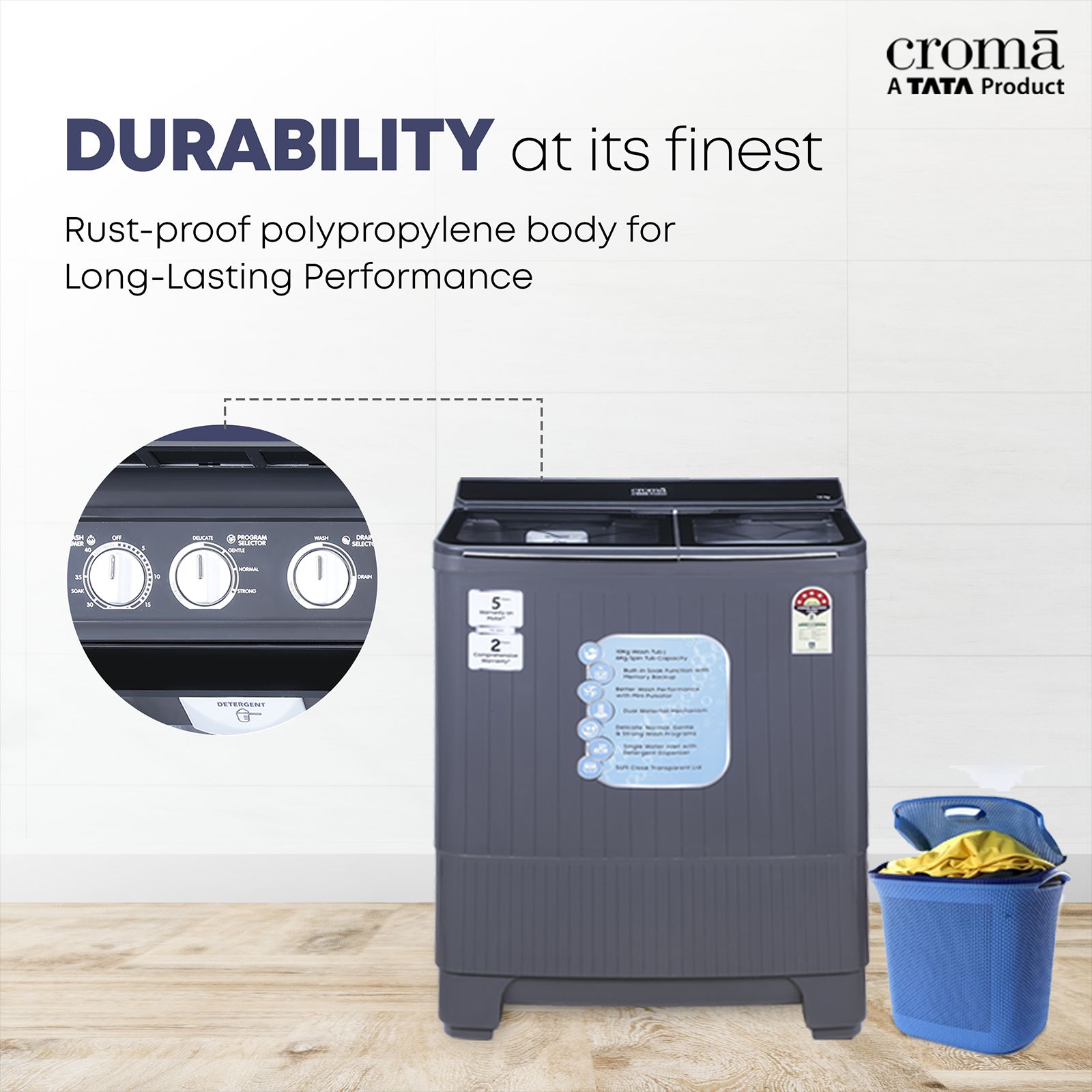 Croma 10 kg 5 Star Semi Automatic Washing Machine with Dual Waterfall Mechanism ( Dark Grey)_14