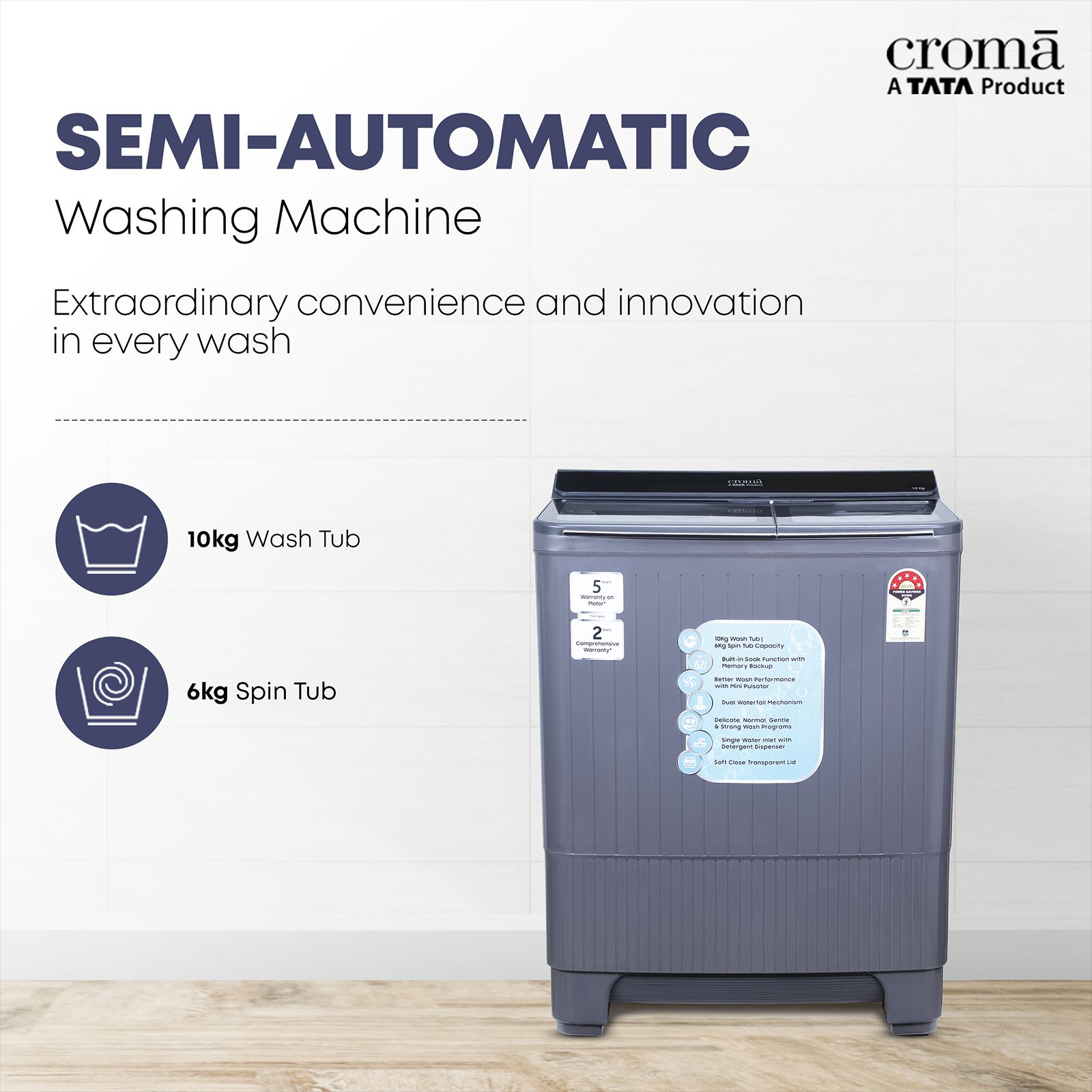 Croma 10 kg 5 Star Semi Automatic Washing Machine with Dual Waterfall Mechanism ( Dark Grey)_16