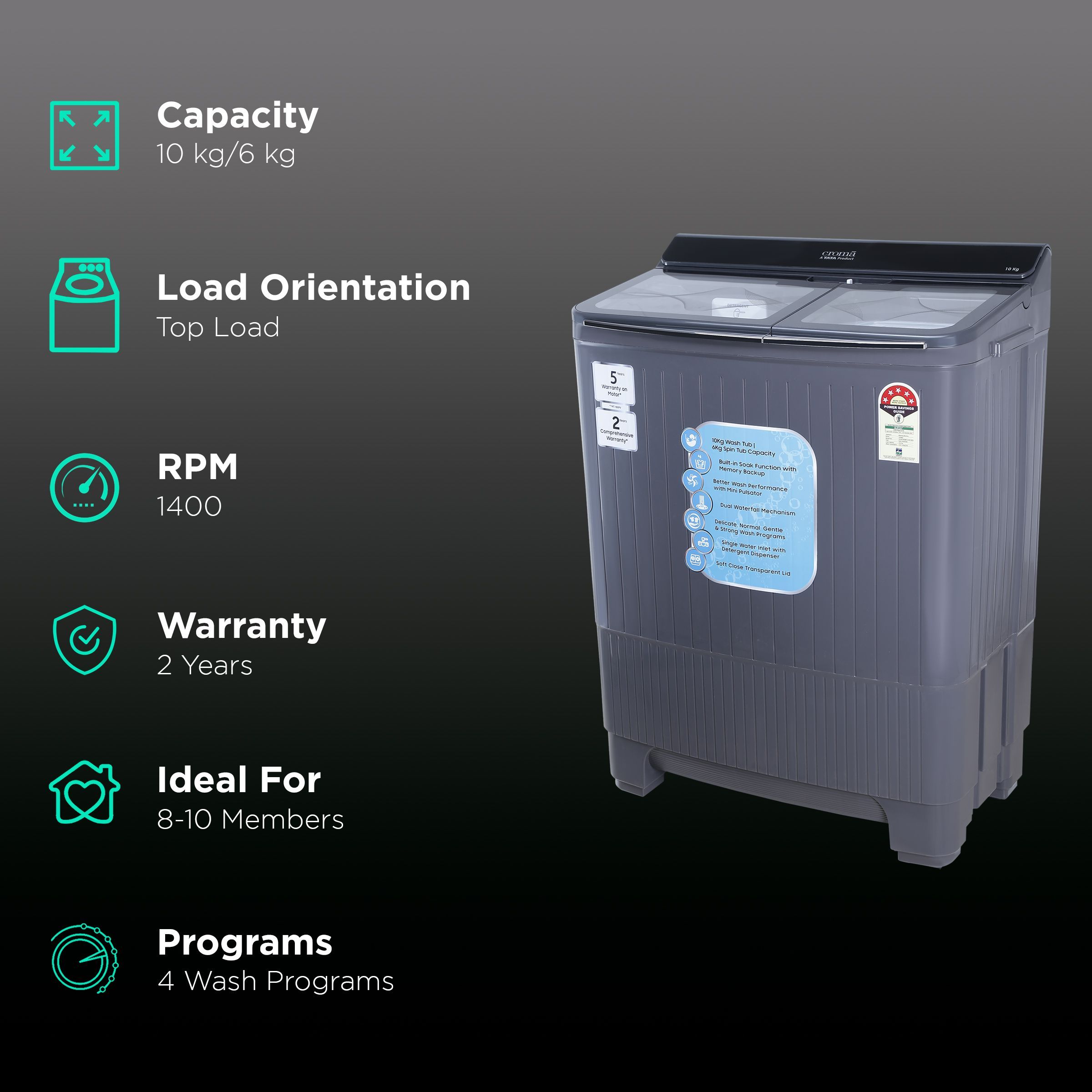 Croma 10 kg 5 Star Semi Automatic Washing Machine with Dual Waterfall Mechanism ( Dark Grey)_2