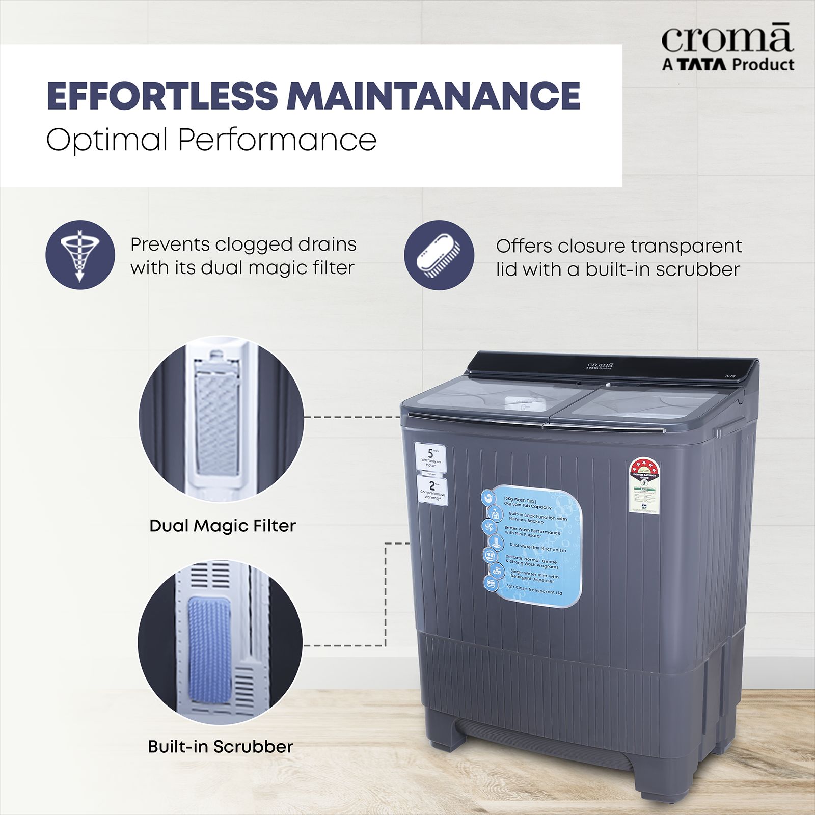 Croma 10 kg 5 Star Semi Automatic Washing Machine with Dual Waterfall Mechanism ( Dark Grey)_19