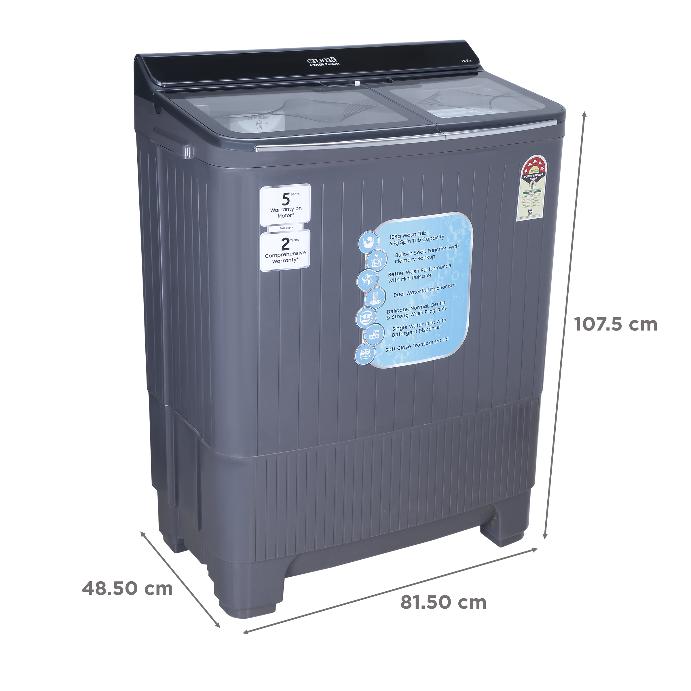 Croma 10 kg 5 Star Semi Automatic Washing Machine with Dual Waterfall Mechanism ( Dark Grey)_3