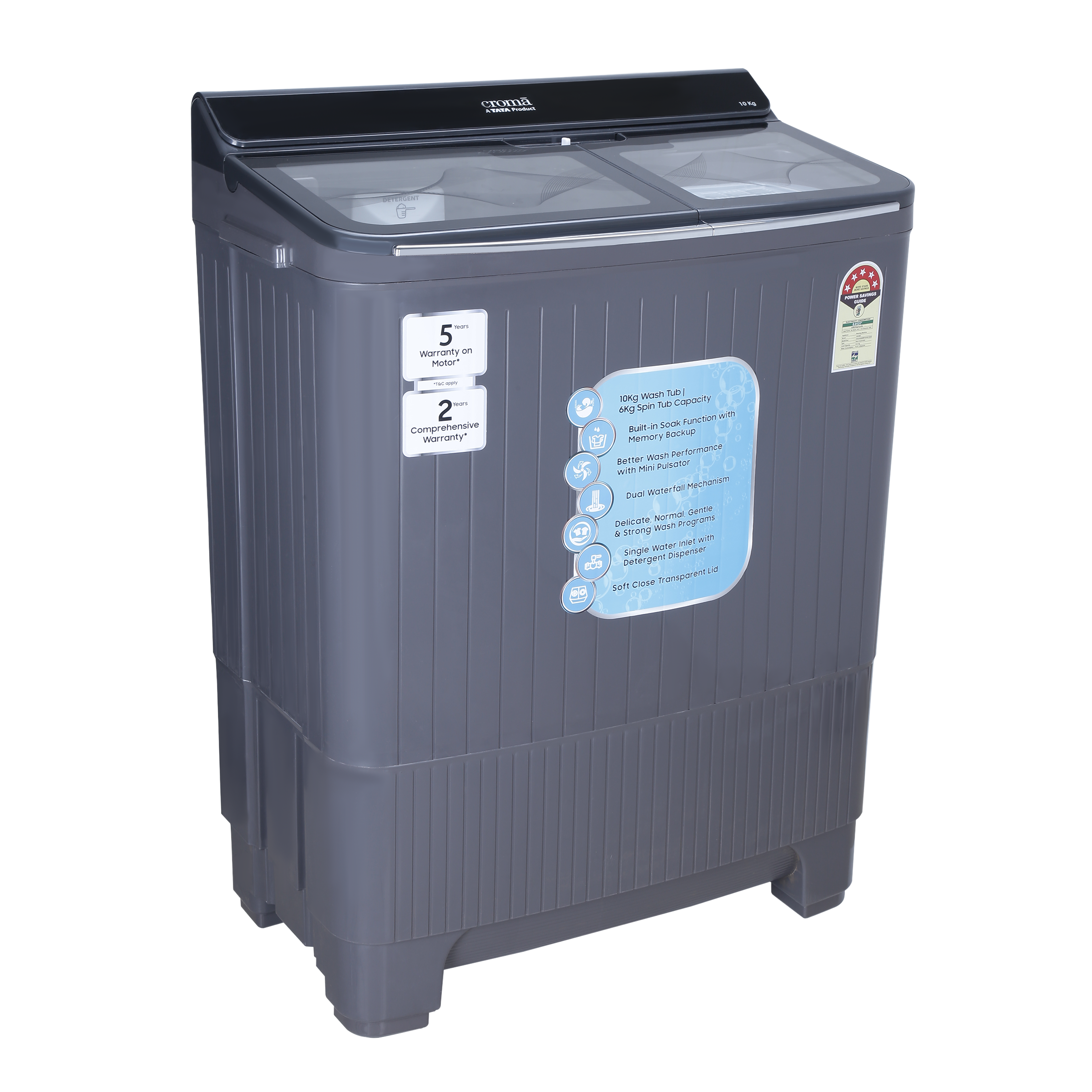 Croma 10 kg 5 Star Semi Automatic Washing Machine with Dual Waterfall Mechanism ( Dark Grey)_4