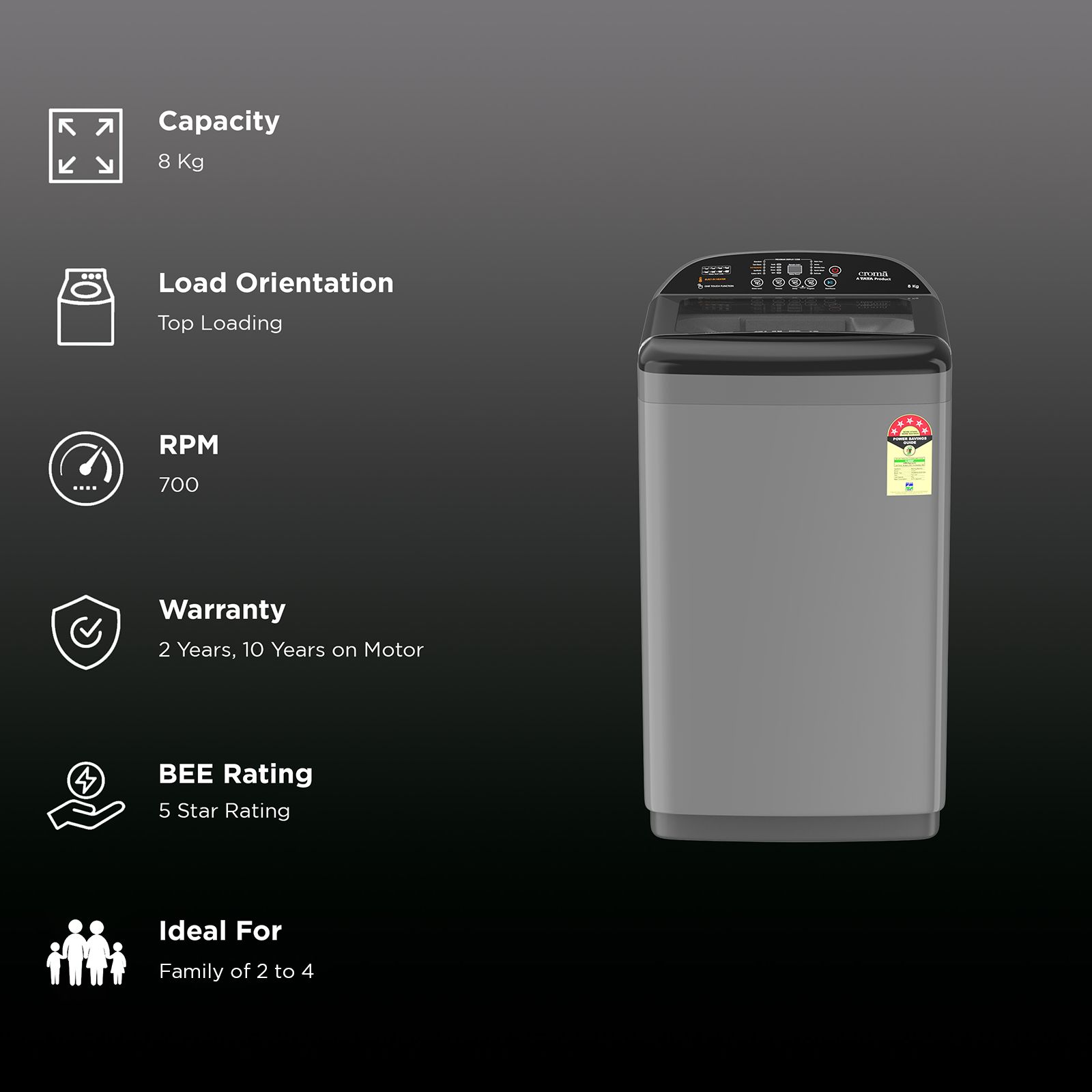 Croma 8 kg 5 Star Fully Automatic Top Load Washing Machine ( In Built heater, Inox Grey)_2