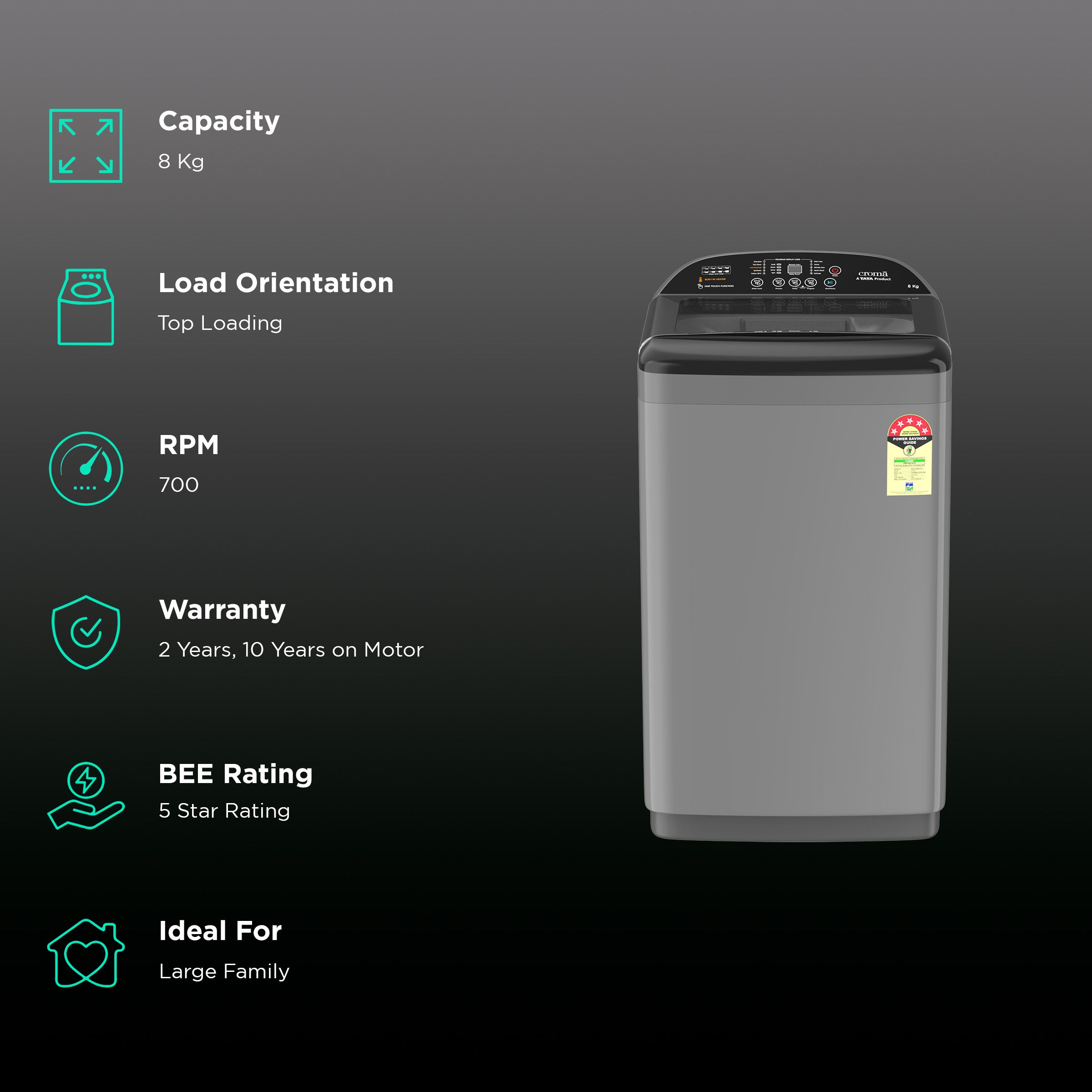 Croma 8 kg 5 Star Fully Automatic Top Load Washing Machine ( In Built heater, Inox Grey) Croma 8 kg 5 Star Fully Automatic Top Load Washing Machine ( In Built heater, Inox Grey)_2