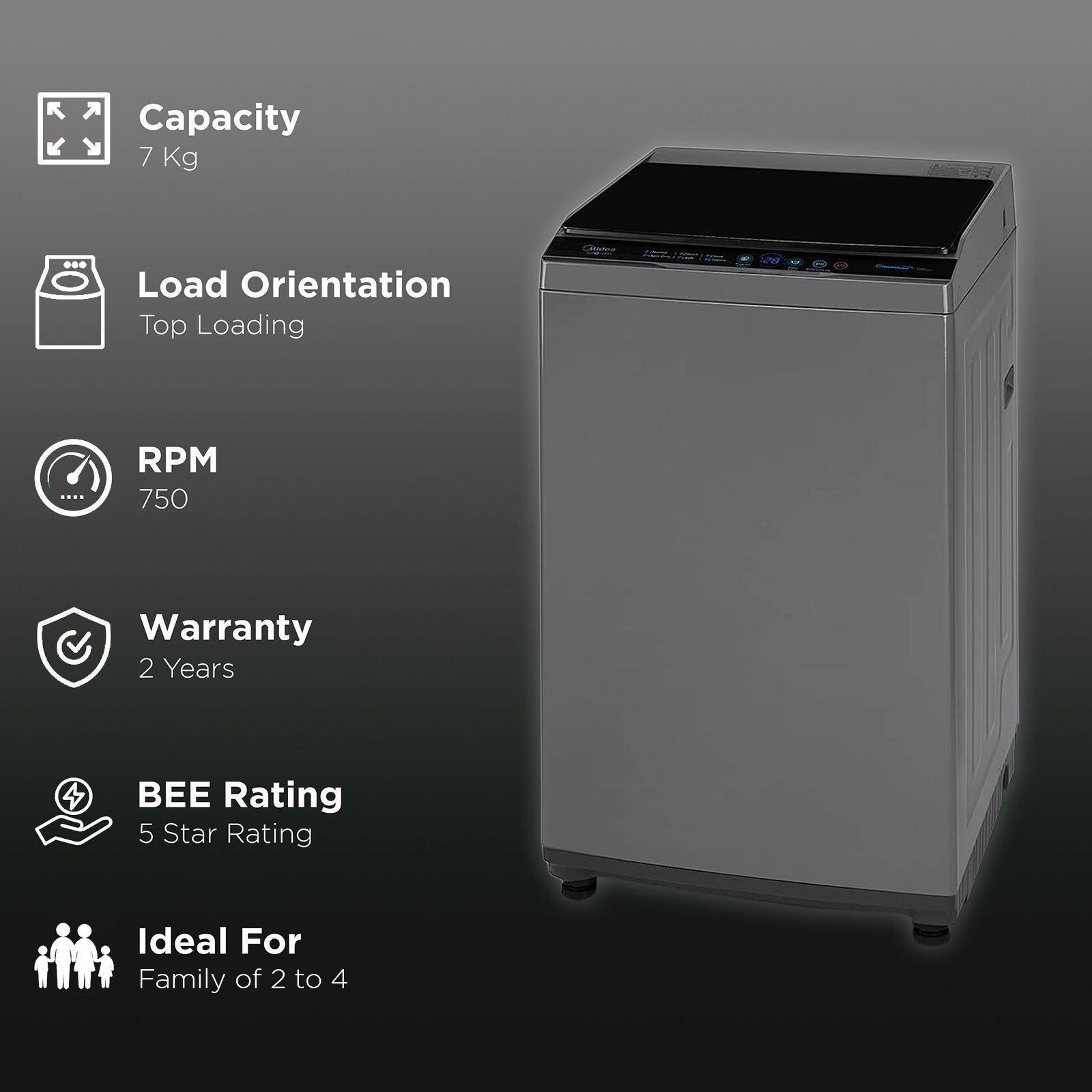 Midea 7 kg 5 Star Fully Automatic Top Load Washing Machine (MA100W70/G-IN, Lint Filter, Grey)_2