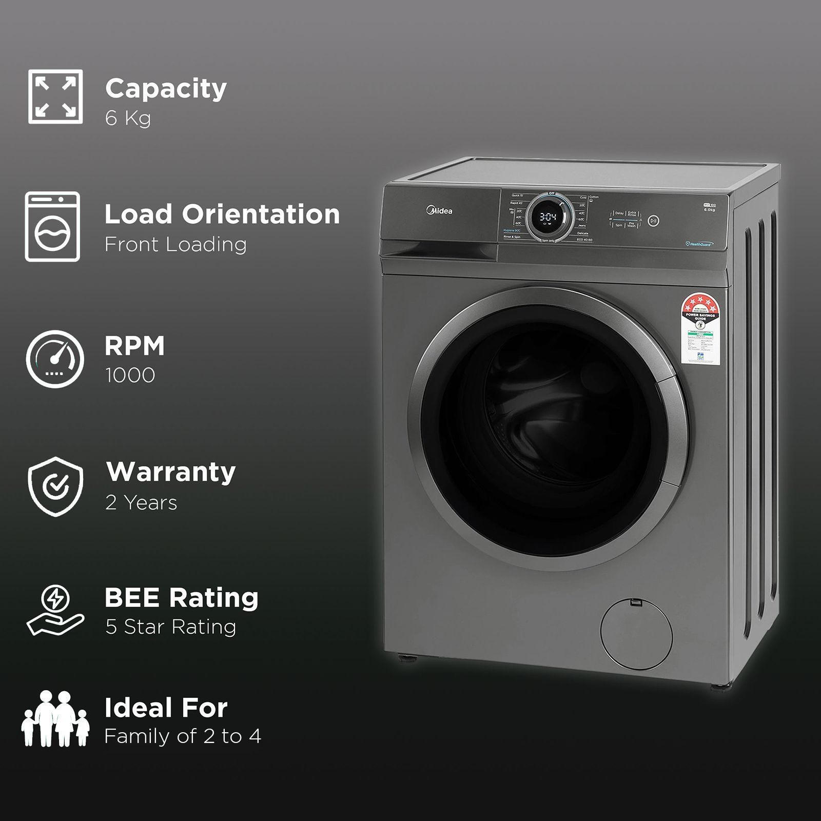 Midea 6 kg 5 Star Fully Automatic Front Load Washing Machine (MF100W60/T-IN, In-Built Heater, Dark Grey)_2