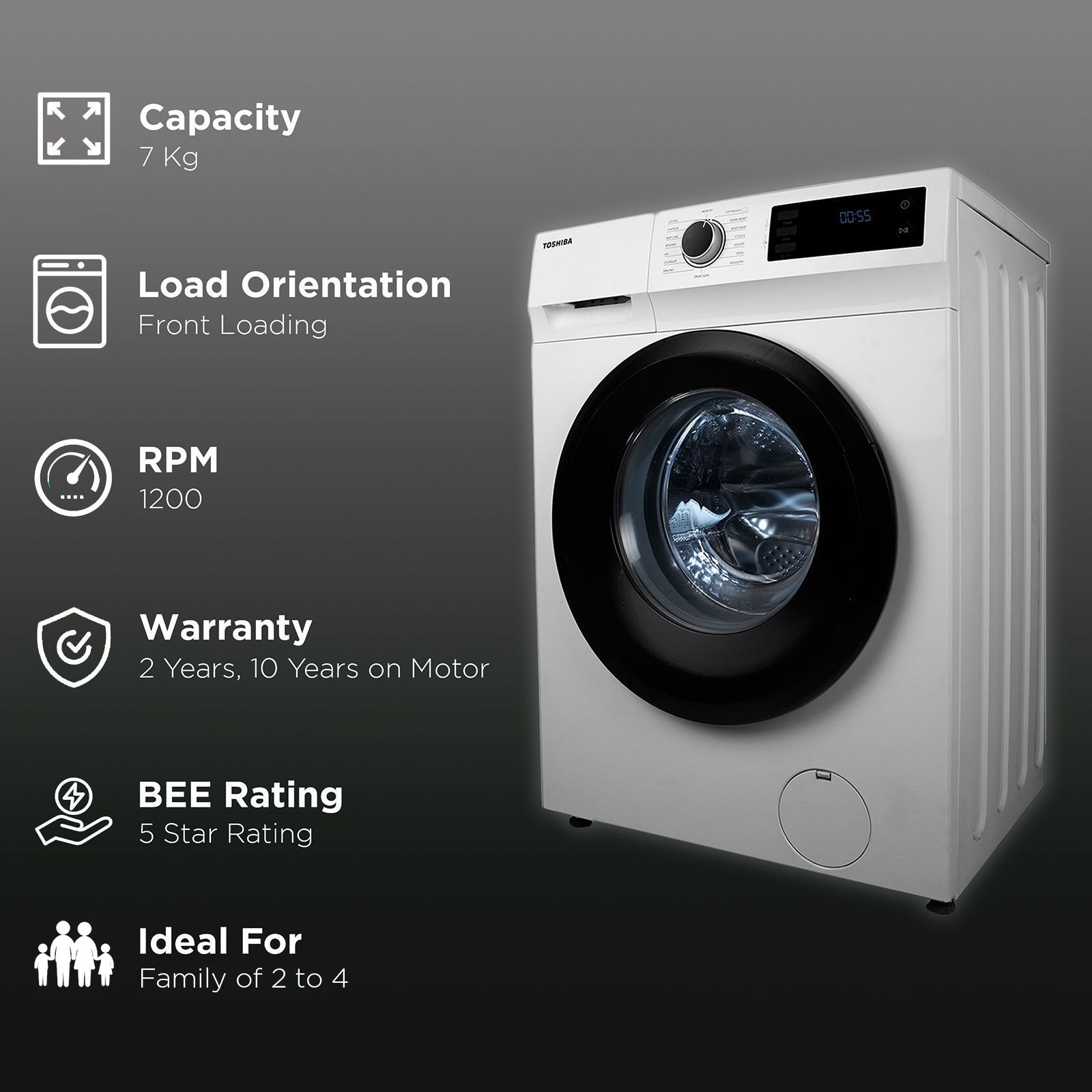 TOSHIBA 7 kg 5 Star Inverter Fully Automatic Front Load Washing Machine (TW-BJ80S2-IND(WK), In-Built Heater, White)_2