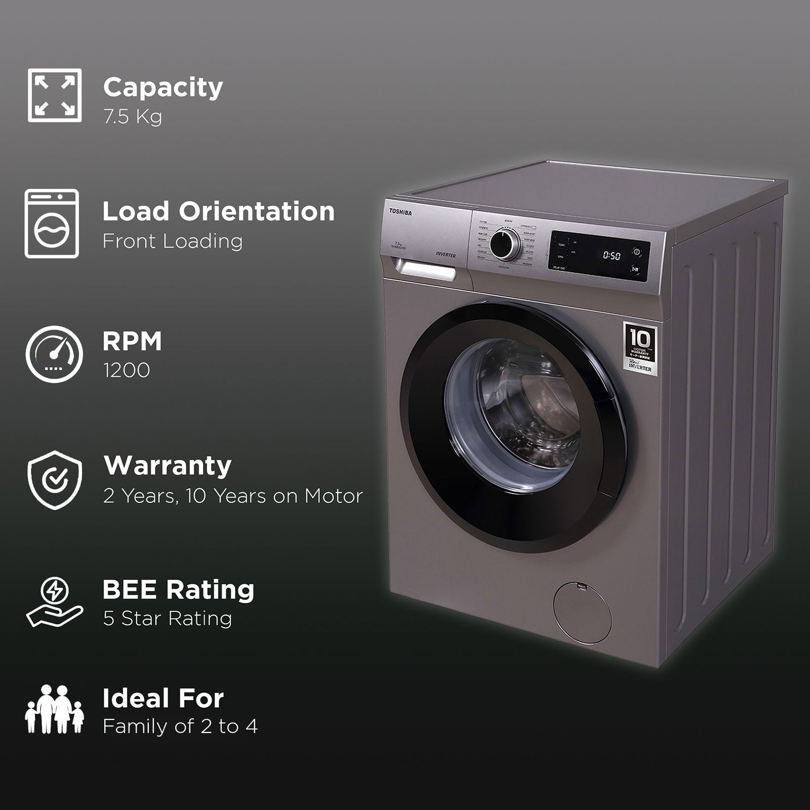 TOSHIBA 7.5 kg 5 Star Inverter Fully Automatic Front Load Washing Machine (TW-BJ85S2-IND(SK), In-Built Heater, Silver)_2