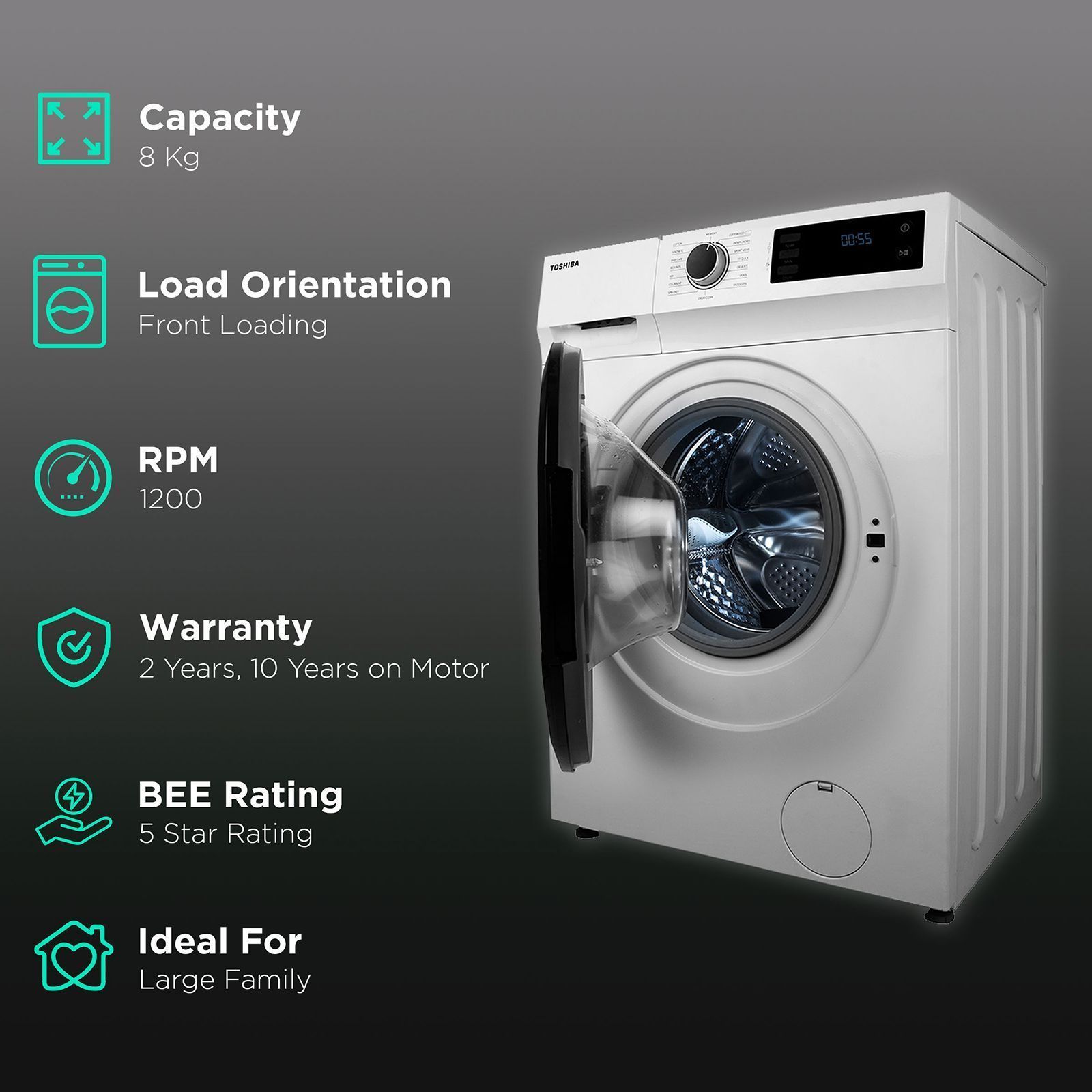 TOSHIBA 8 kg 5 Star Inverter Fully Automatic Front Load Washing Machine (TW-BJ90S2-IND(WK), Anti Bacterial Gasket, White)_2