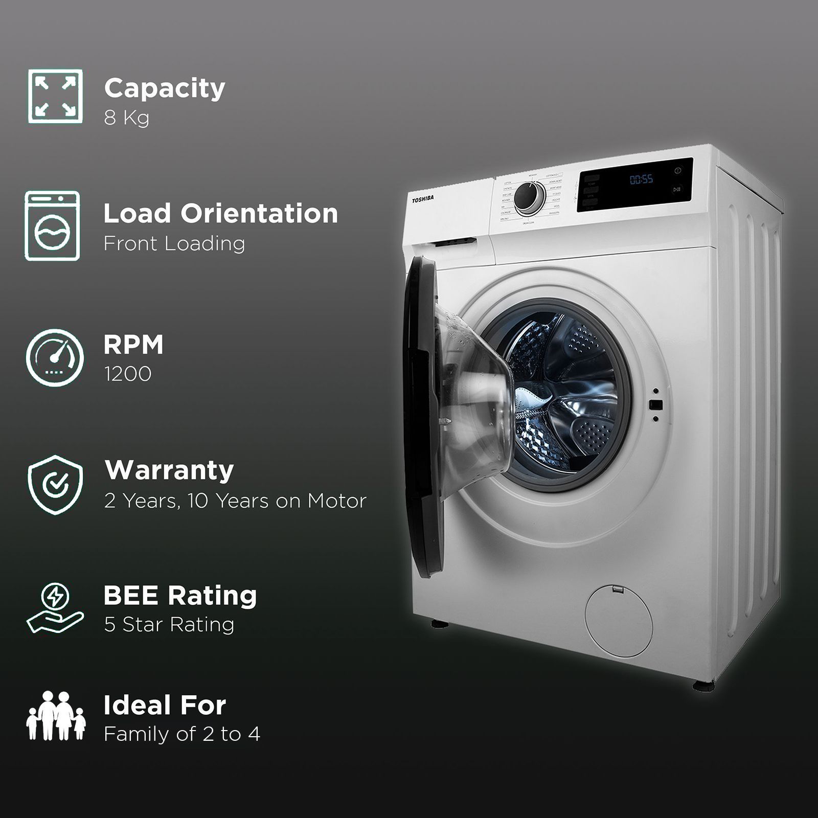 TOSHIBA 8 kg 5 Star Inverter Fully Automatic Front Load Washing Machine (TW-BJ90S2-IND(WK), Anti Bacterial Gasket, White)_2