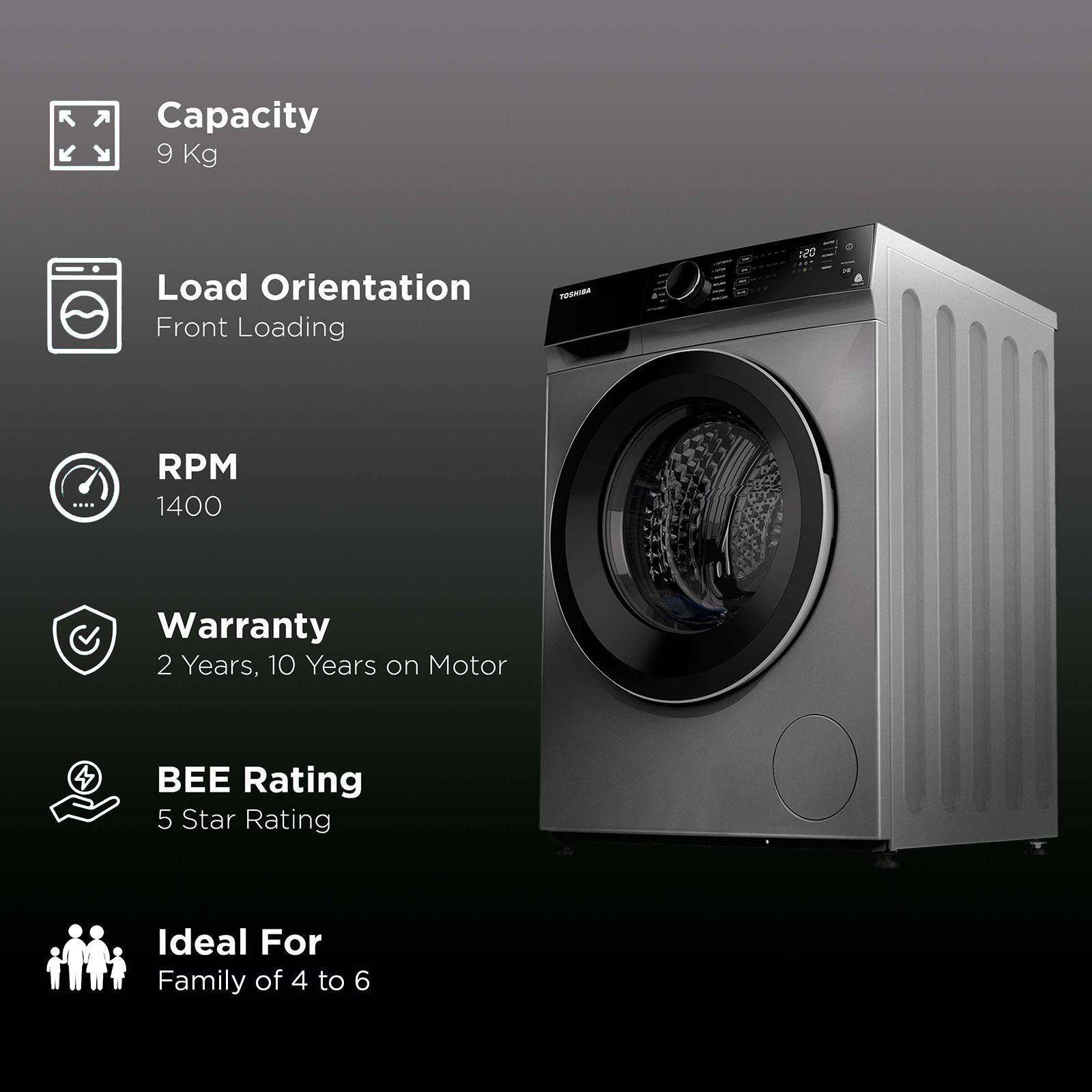 TOSHIBA 9 kg 5 Star Fully Automatic Front Load Washing Machine (TW-BJ100M4-IND(SK), In-Built Heater, Silver)_2