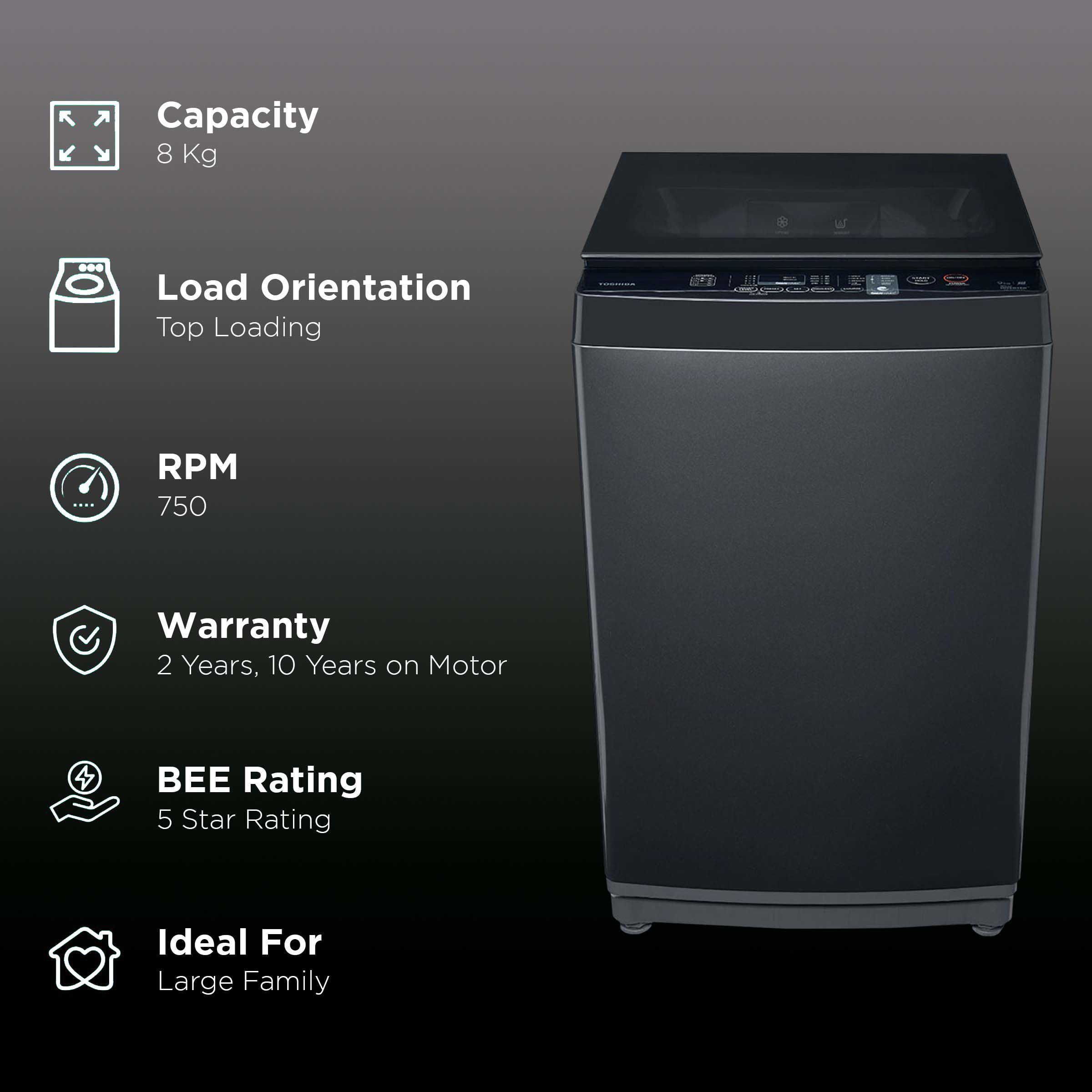 TOSHIBA 8 kg 5 Star Inverter Fully Automatic Top Load Washing Machine (AW-DJ900D-IND, i-Clean Function, Dark Silver)_2