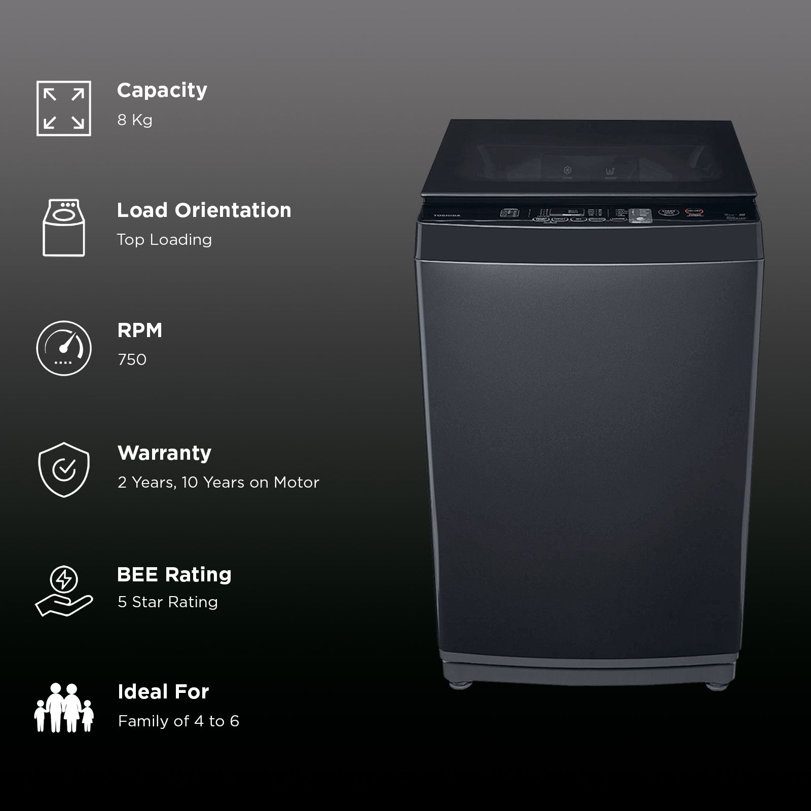 TOSHIBA 8 kg 5 Star Inverter Fully Automatic Top Load Washing Machine (AW-DJ900D-IND, i-Clean Function, Dark Silver)_3