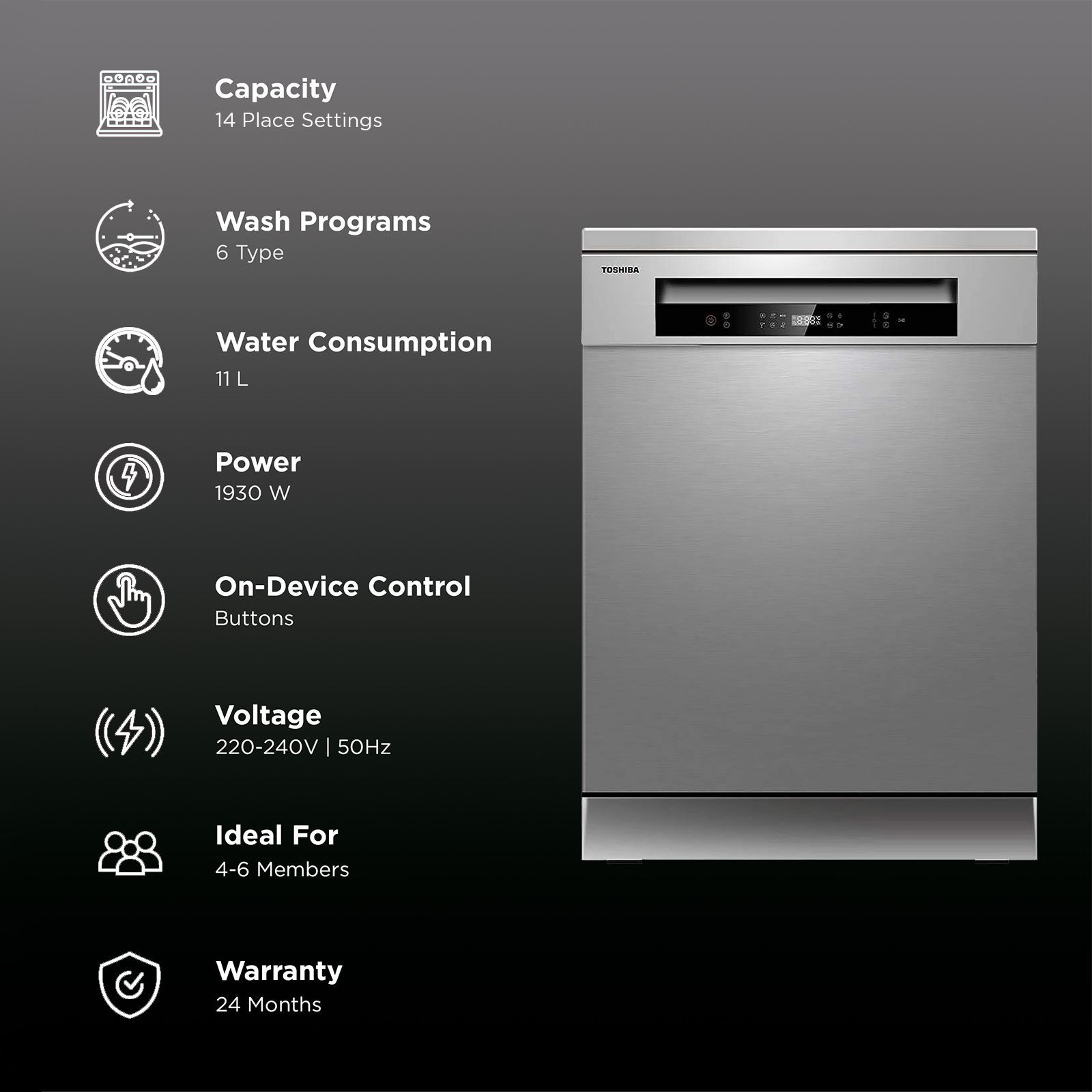 TOSHIBA 14 Place Settings Free Standing Dishwasher with Anti Bacterial Technology (Silver)_3