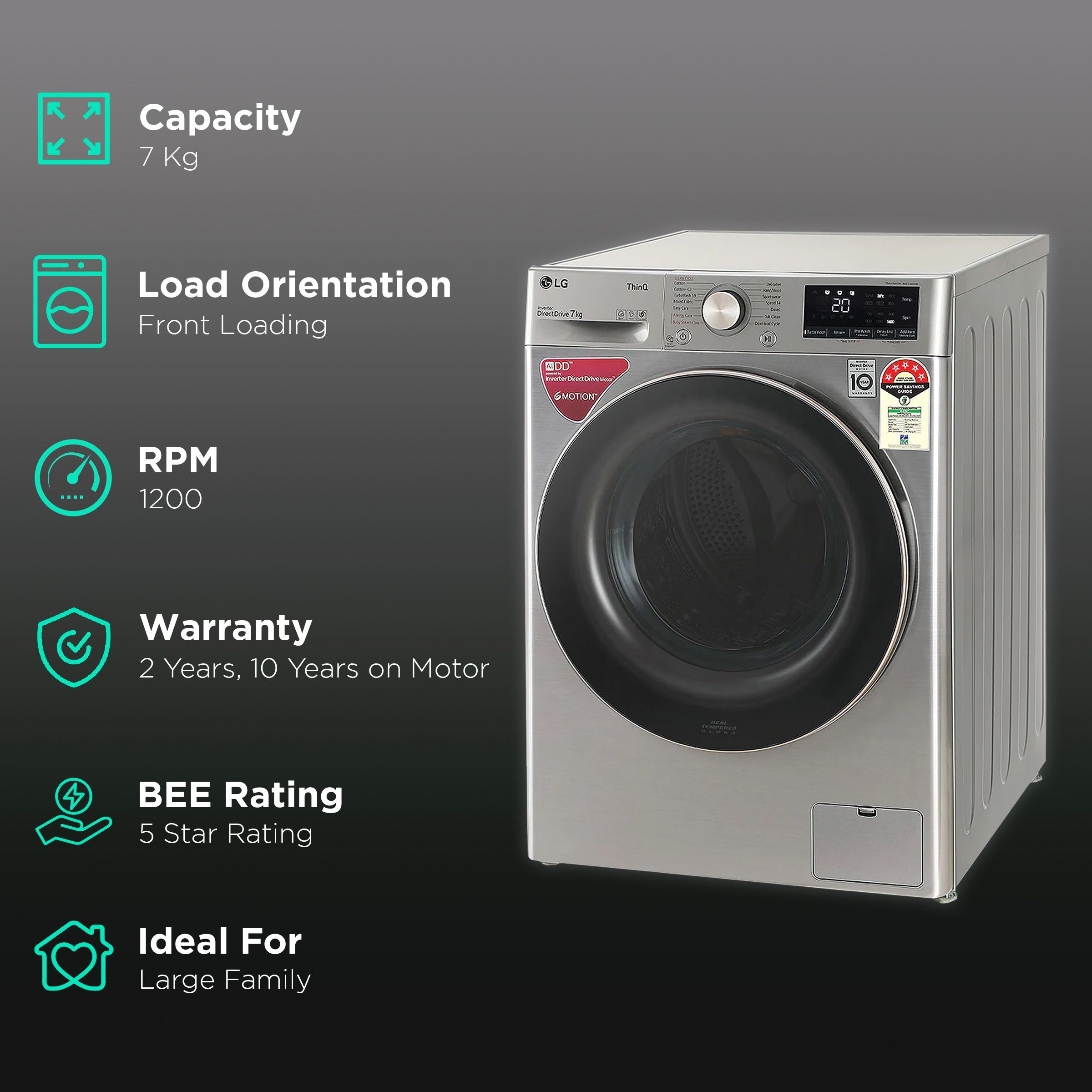 LG 7 kg 5 Star Inverter Fully Automatic Front Load Washing Machine (FHV1207ZWP, AI Direct Drive Technology, Platinum Silver)_2