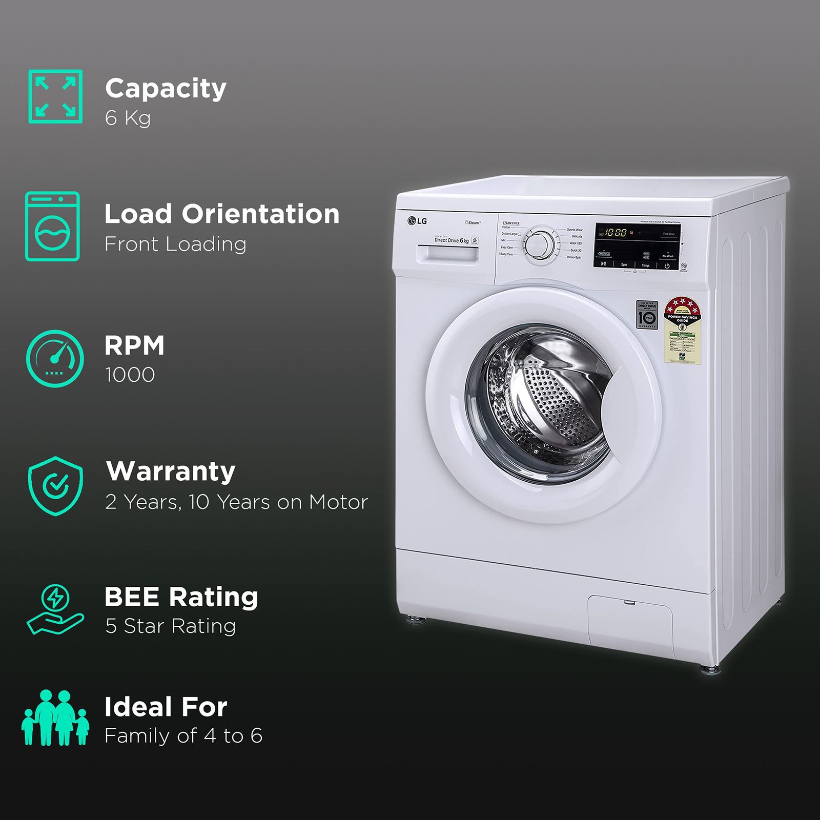 LG 6 kg 5 Star Inverter Fully Automatic Front Load Washing Machine (FHM1006SDW, 6 Motion Direct Drive, White) LG 6 kg 5 Star Inverter Fully Automatic Front Load Washing Machine (FHM1006SDW, 6 Motion Direct Drive, White)_2