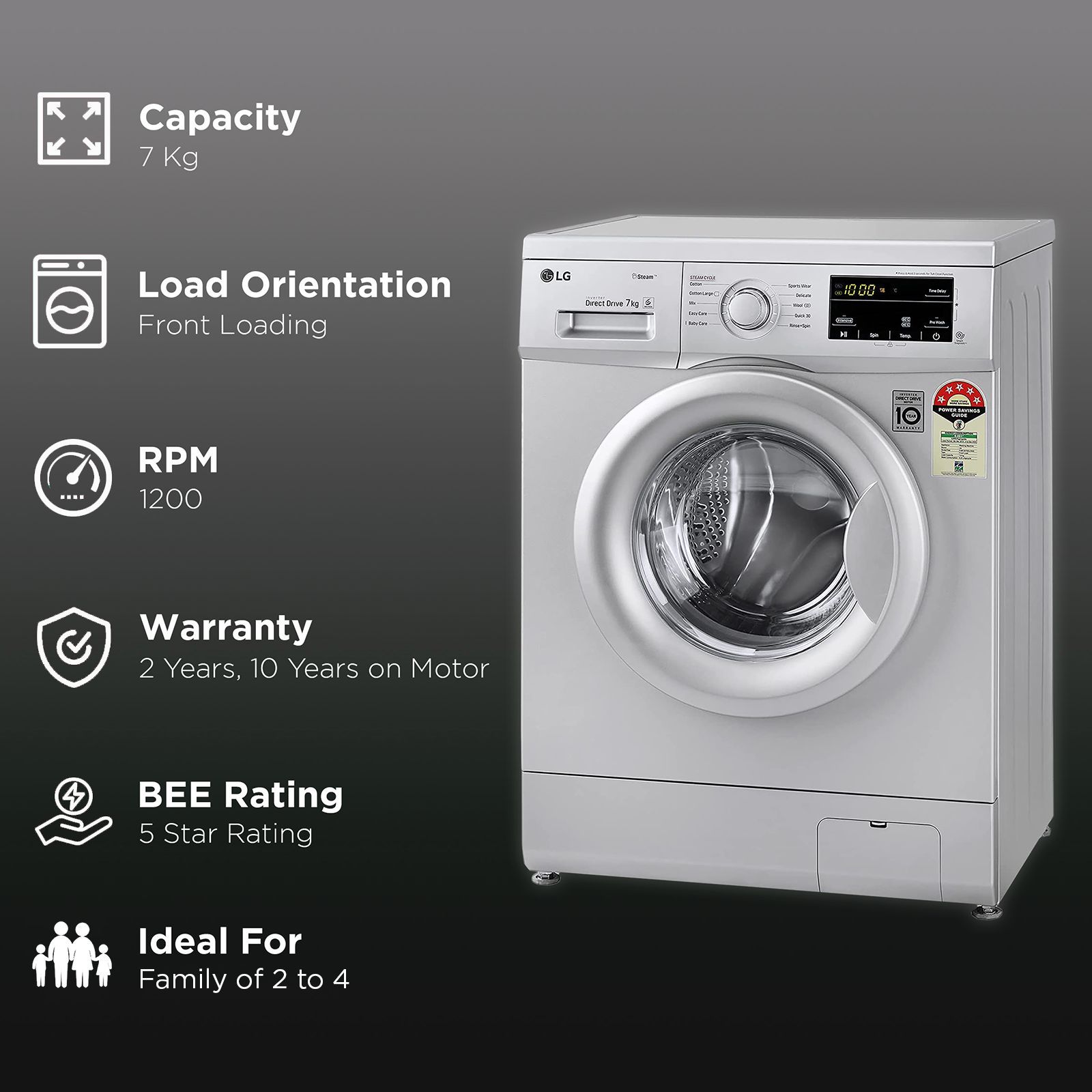 LG 7 kg 5 Star Inverter Fully Automatic Front Load Washing Machine (FHM1207SDL, In-built Heater, Luxury Silver) LG 7 kg 5 Star Inverter Fully Automatic Front Load Washing Machine (FHM1207SDL, In-built Heater, Luxury Silver)_2