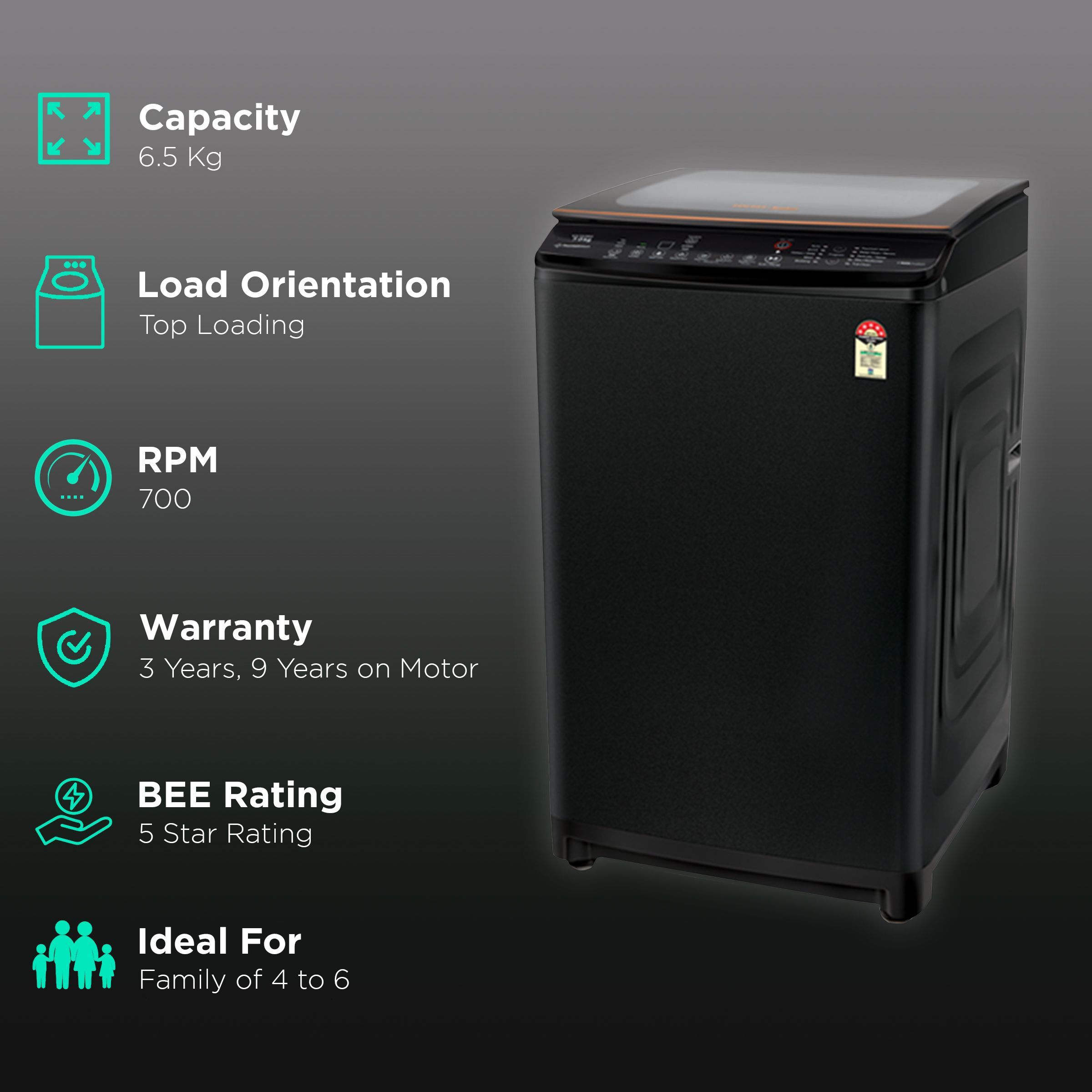 Voltas Beko 6.5 kg 5 Star Inverter Fully Automatic Top Load Washing Machine (WTL65VPBGX, Fountain Wash, Black) Voltas Beko 6.5 kg 5 Star Inverter Fully Automatic Top Load Washing Machine (WTL65VPBGX, Fountain Wash, Black)_2