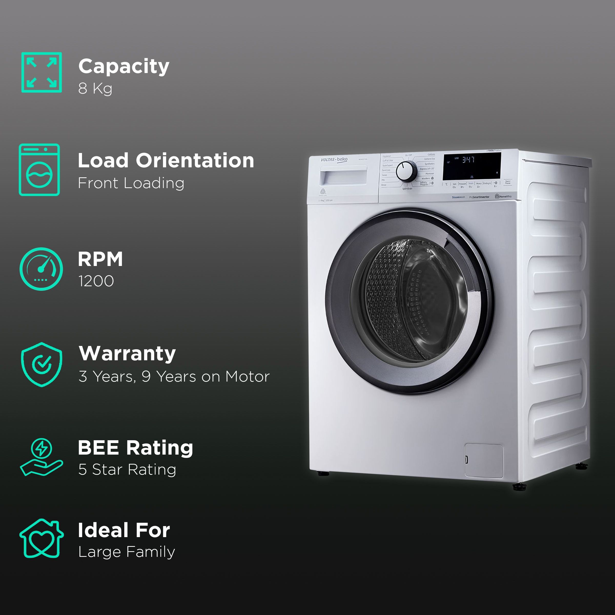 Voltas Beko 8 kg 5 Star Inverter Fully Automatic Front Load Washing Machine (WFL8012VTWA, Steam Wash, White) Voltas Beko 8 kg 5 Star Inverter Fully Automatic Front Load Washing Machine (WFL8012VTWA, Steam Wash, White)_2