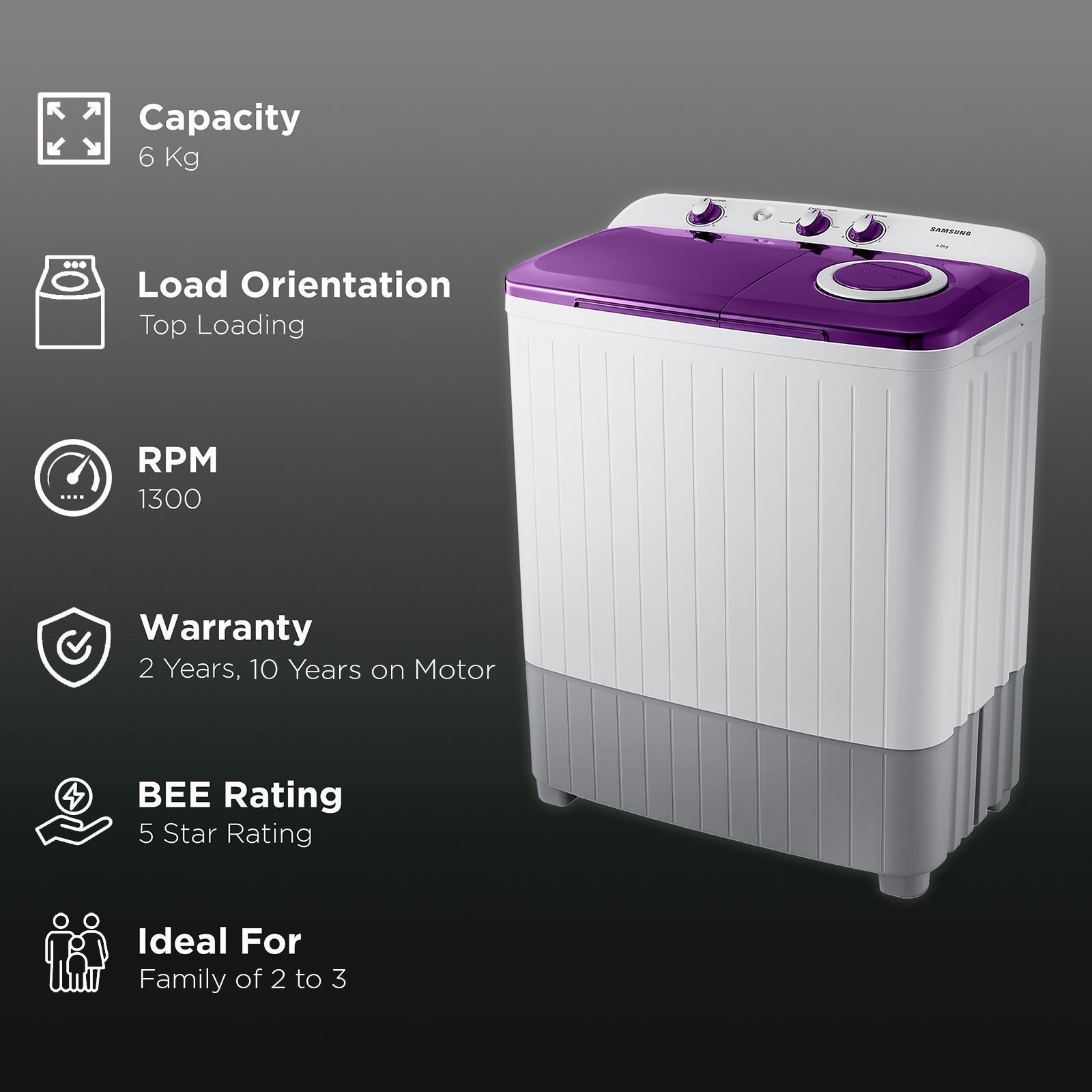 SAMSUNG 6 kg 5 Star Semi Automatic Washing Machine with Air Turbo Drying (WT60R2000LL/TL, Light Grey & Violet)_2