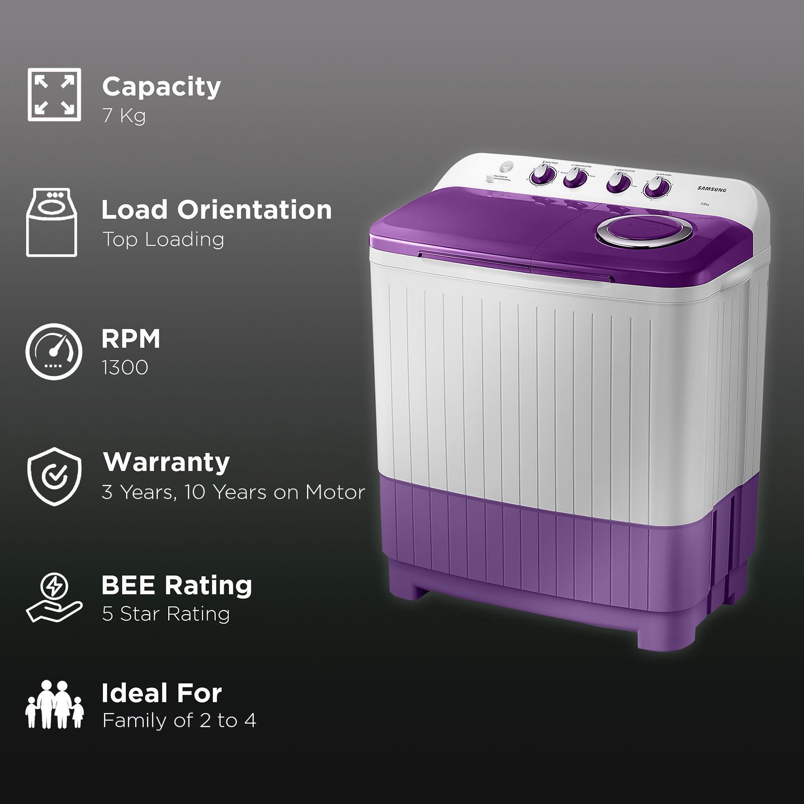 SAMSUNG 7 kg 5 Star Semi Automatic Washing Machine with Double Strong Pulsator (WT70M3000UU/TL, Light Gray & Voilet)_2