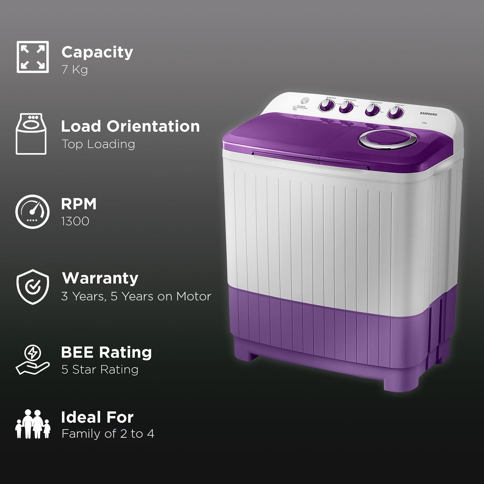 SAMSUNG 7 kg 5 Star Semi Automatic Washing Machine with Double Strong Pulsator (WT70M3000UU/TL, Light Gray & Voilet)_2